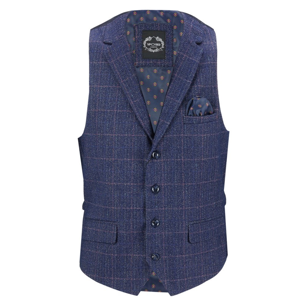 Tweed Check Waistcoat In Blue