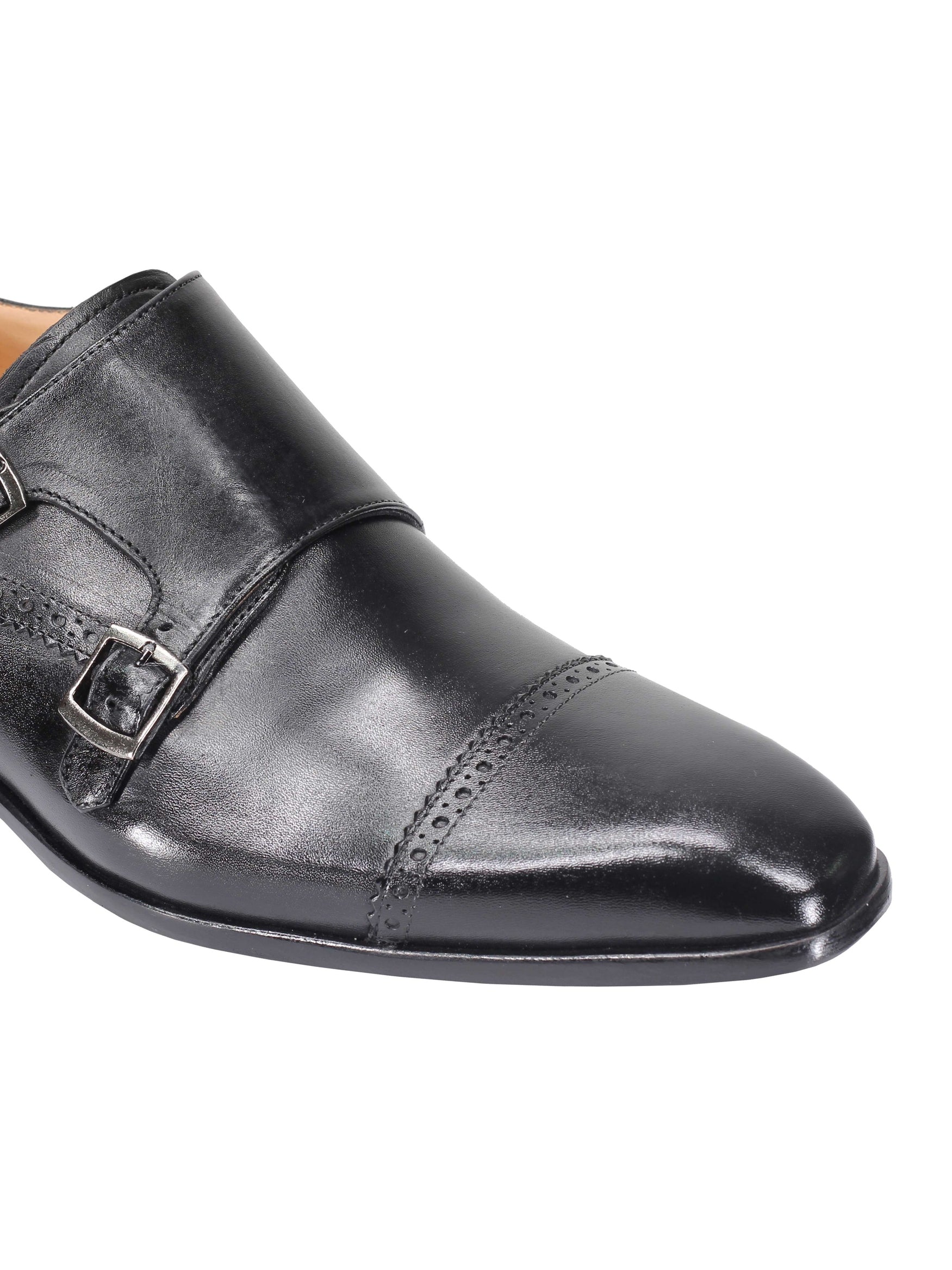 BLACK CALF LEATHER SEMI BROGUE MONK SHOES