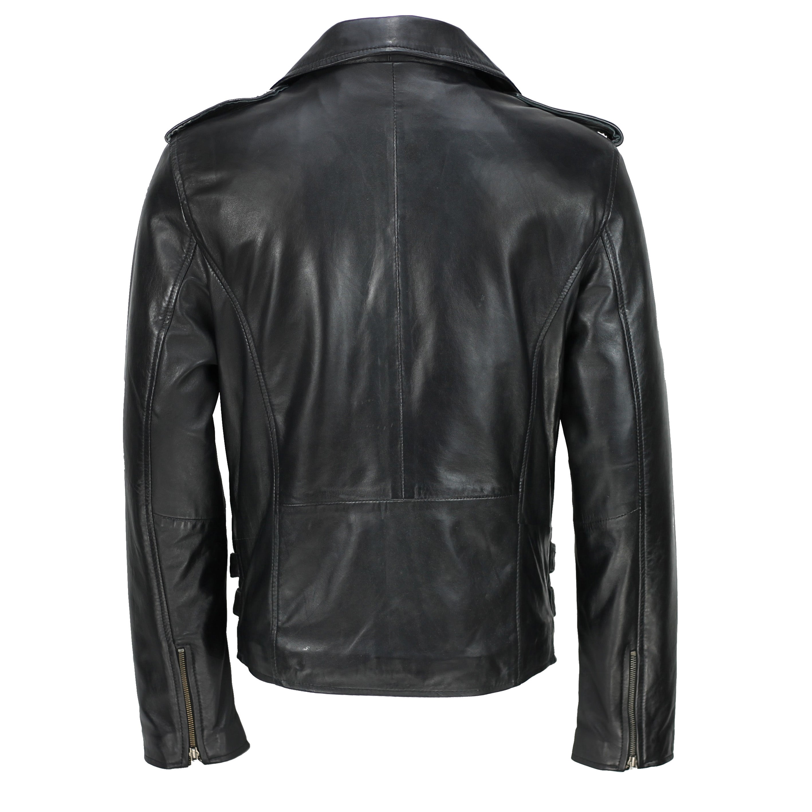 Mens Black Soft Real Leather Motorcycle Cross Zipped Vintage Fitted Biker Jacket