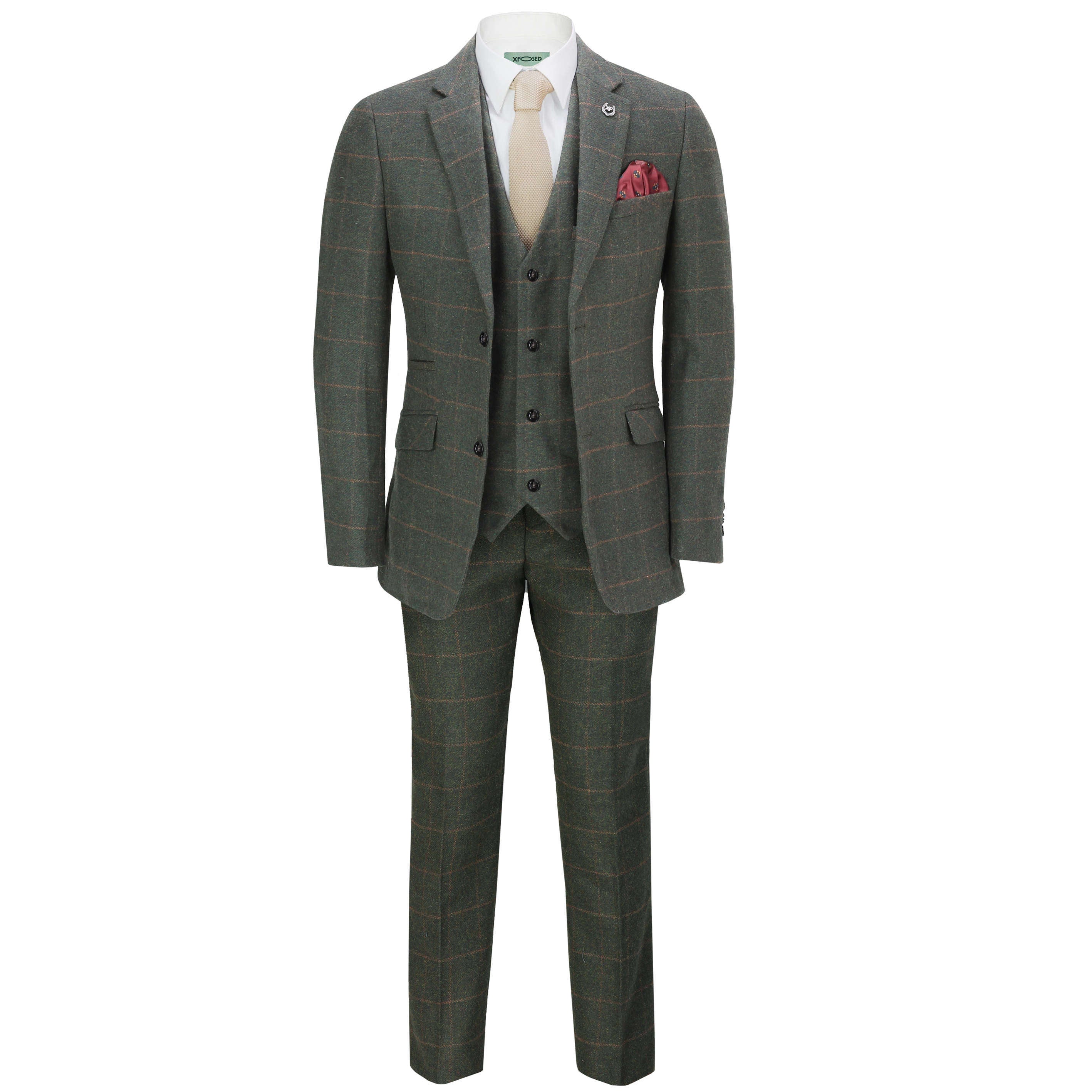 Mens 3 Piece Suit Herringbone Tan Tweed Check Olive Green Retro Peaky Blinders