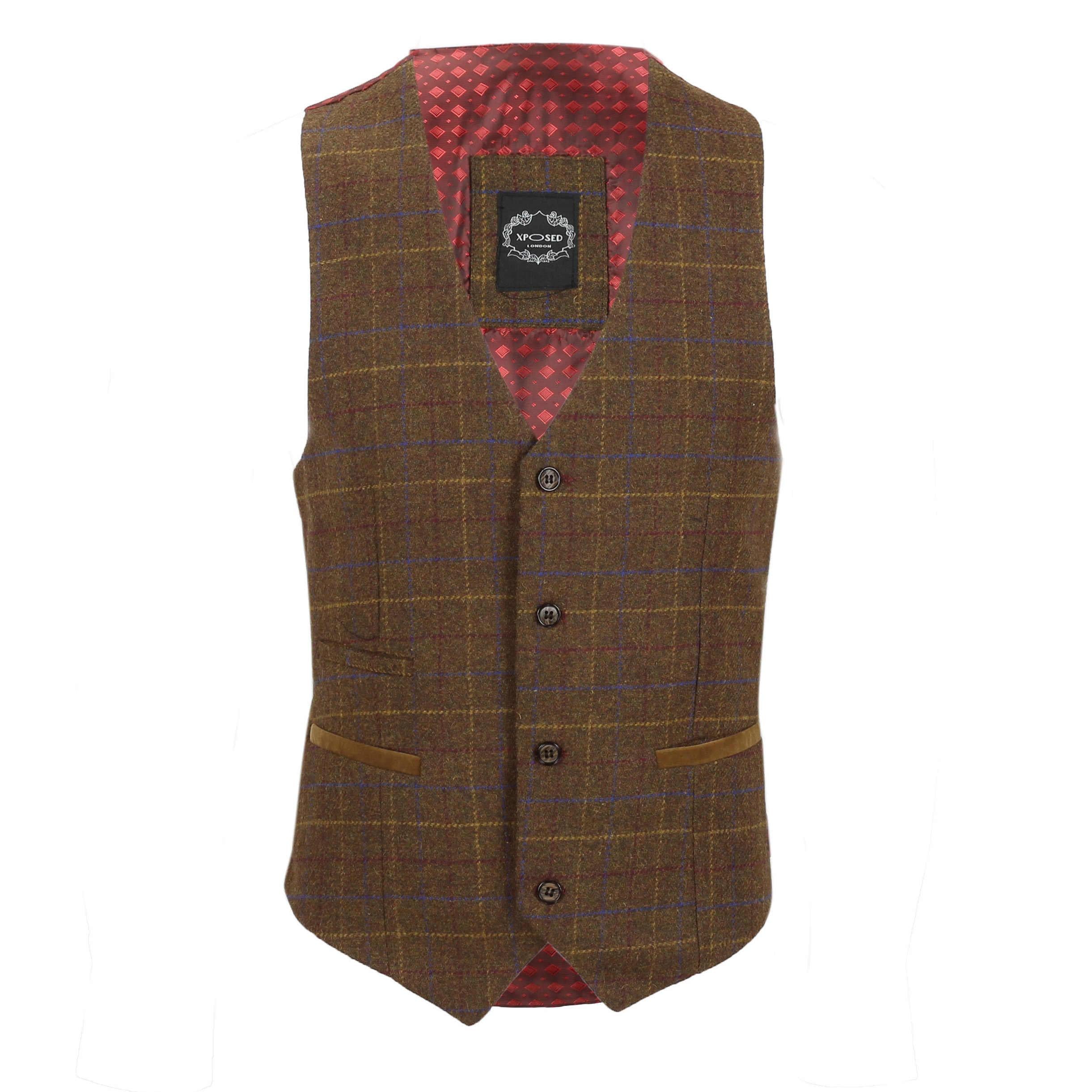 Brown Tweed Check Plain Waistcoat