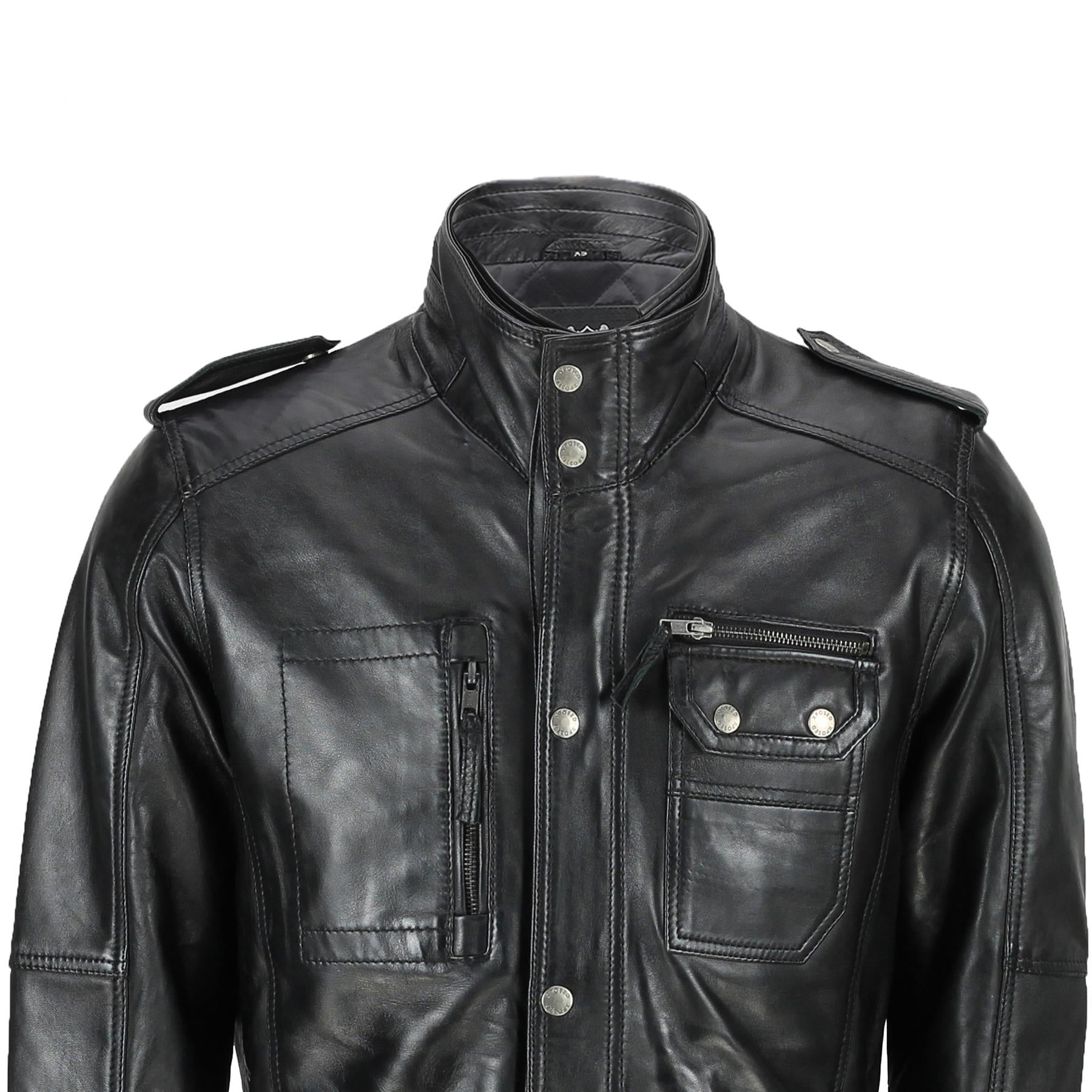 Mens Classic Black Soft Wax Real Leather Smart Vintage Jacket Military Coat