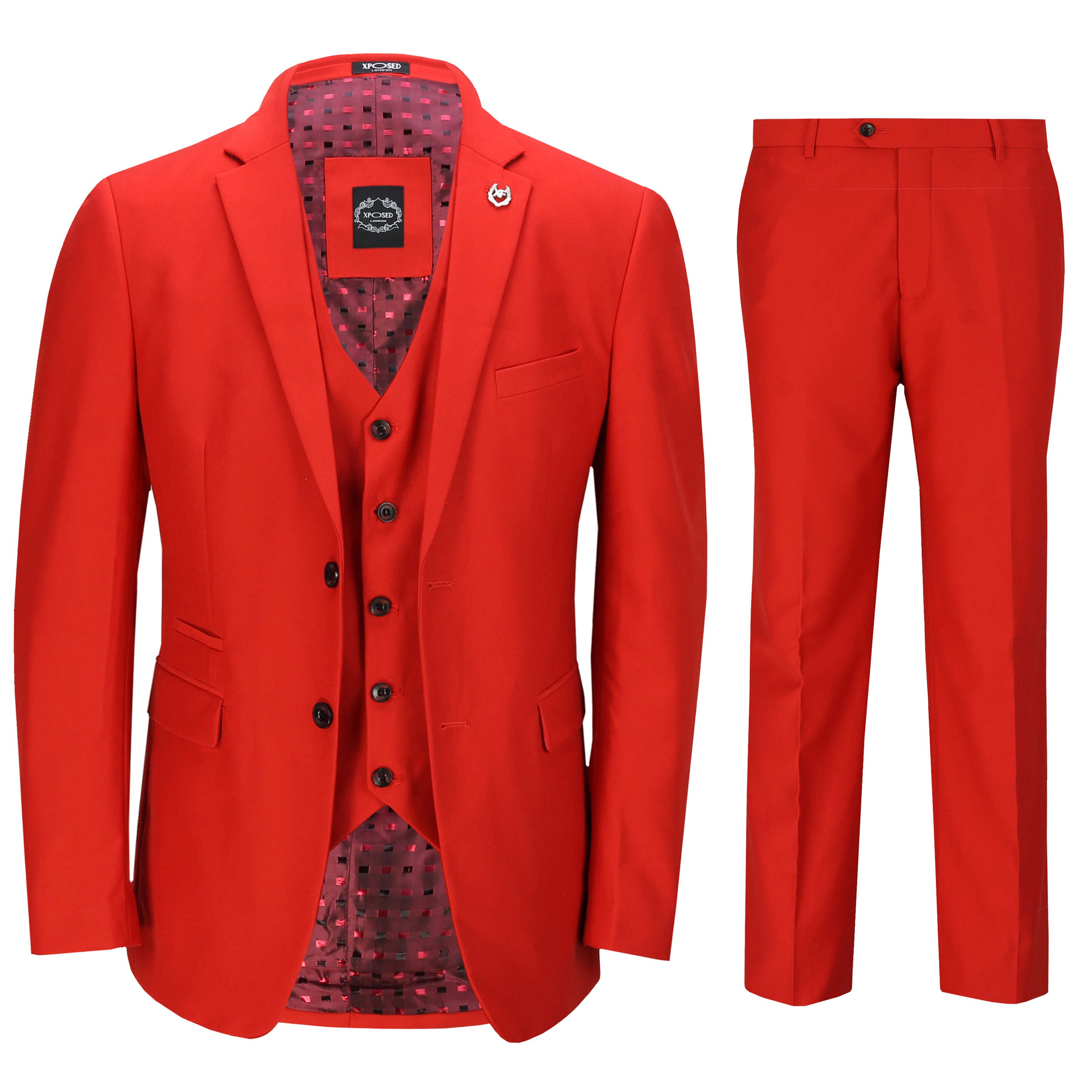 Mens 3 Piece Suit In Red Smart Formal Wedding Party Retro Tailored Fit Jacket