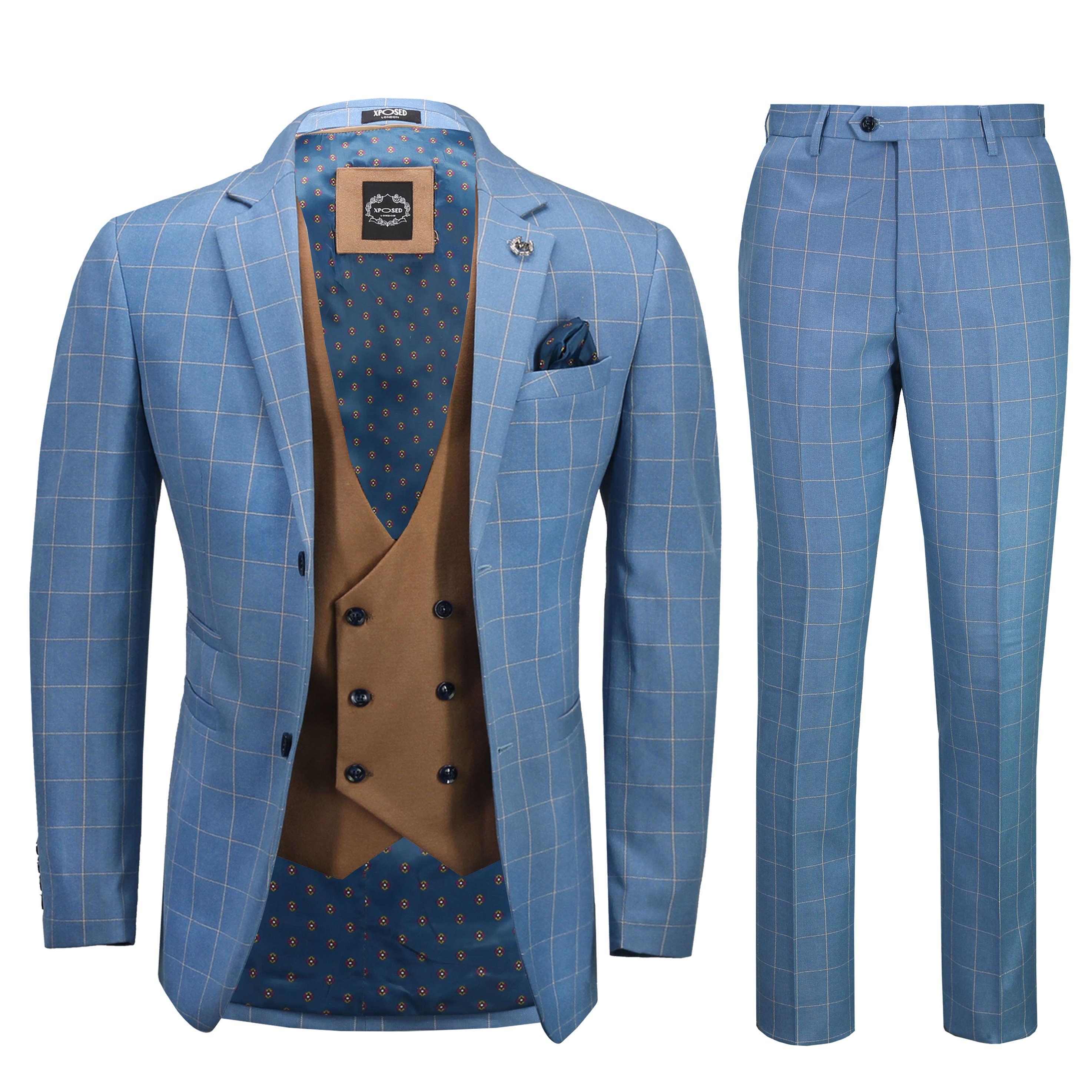 Light Blue Windowpane Check Suit