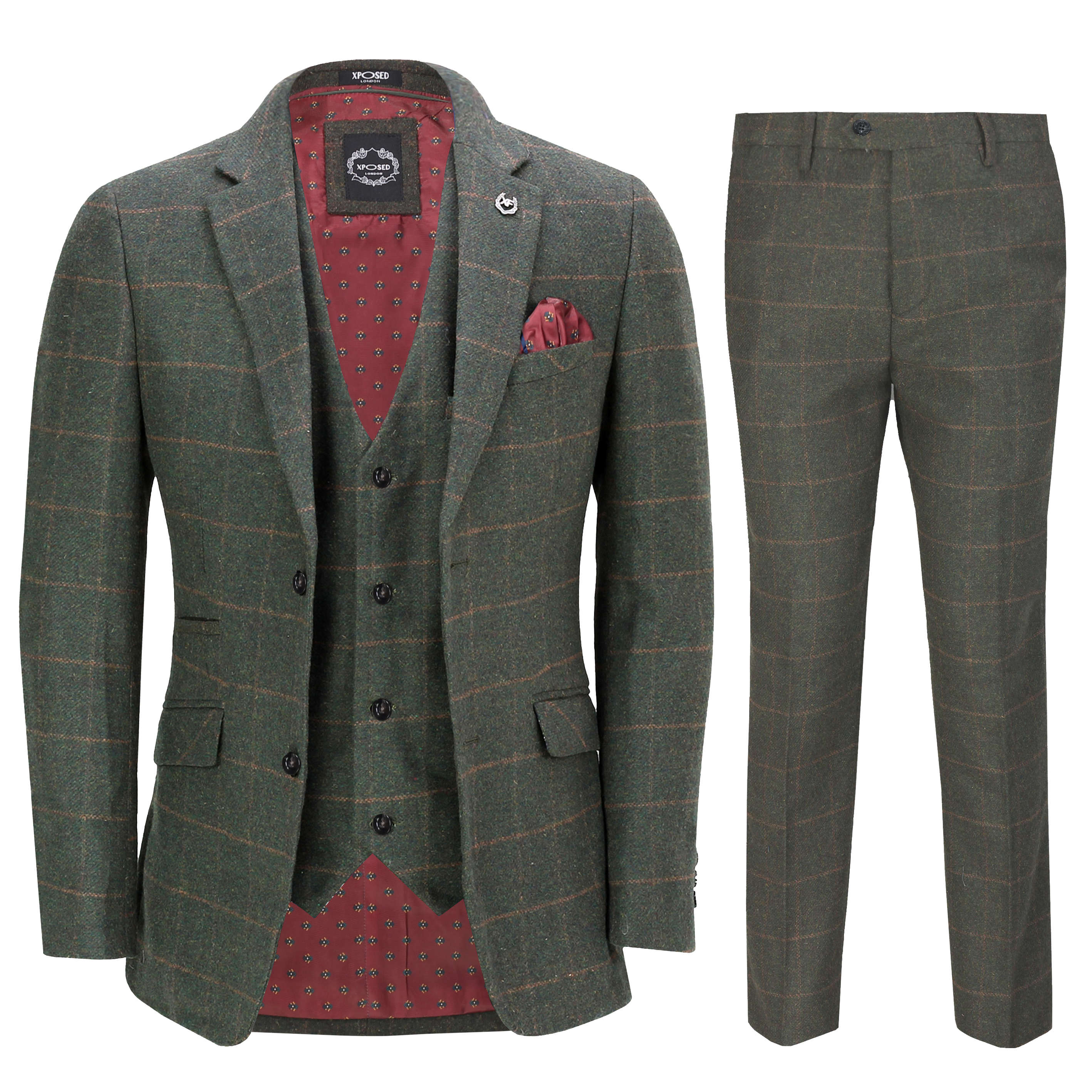 Mens 3 Piece Suit Herringbone Tan Tweed Check Olive Green Retro Peaky Blinders