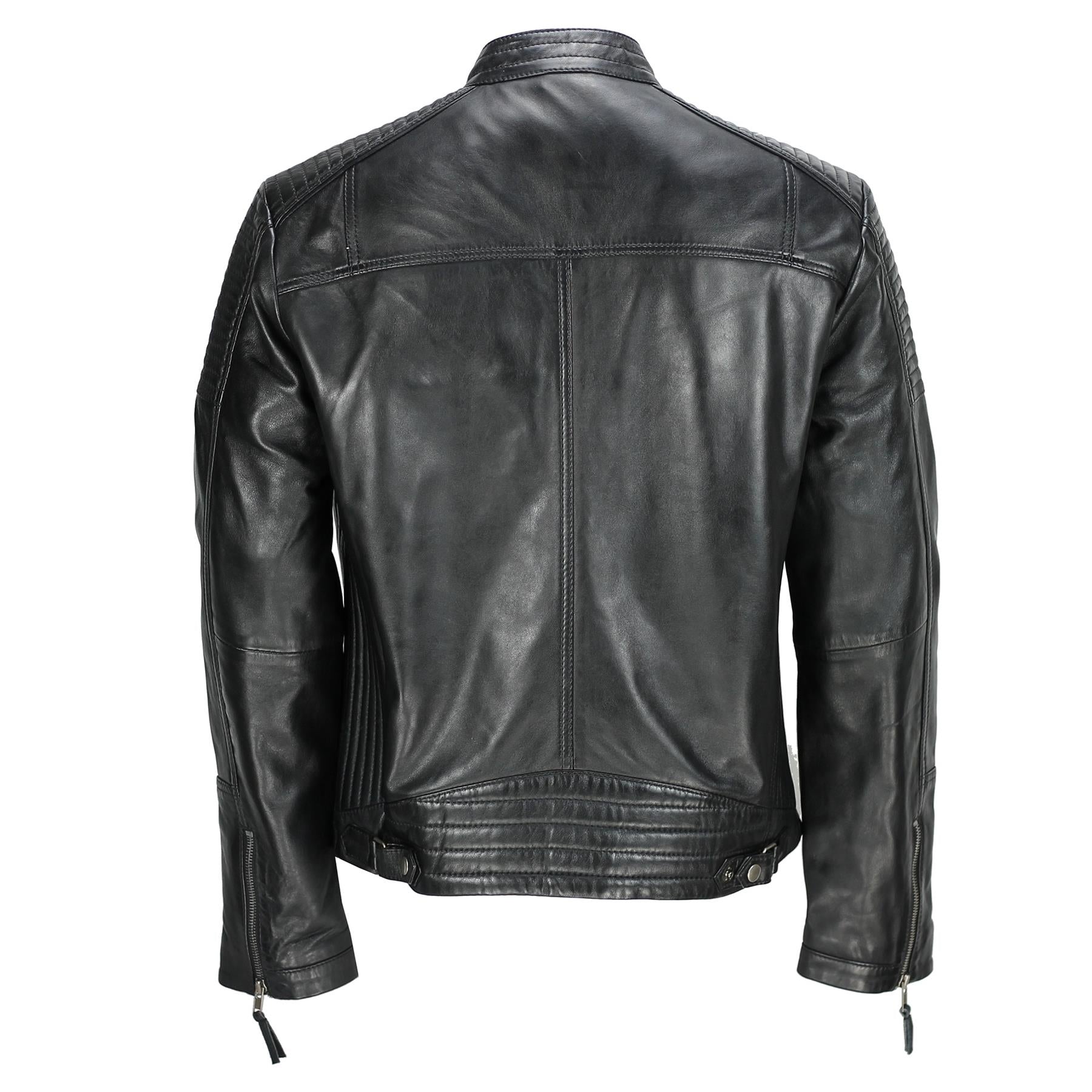 Mens New Black Real Leather Vintage Biker Style Zipped Smart Casual Retro Jacket