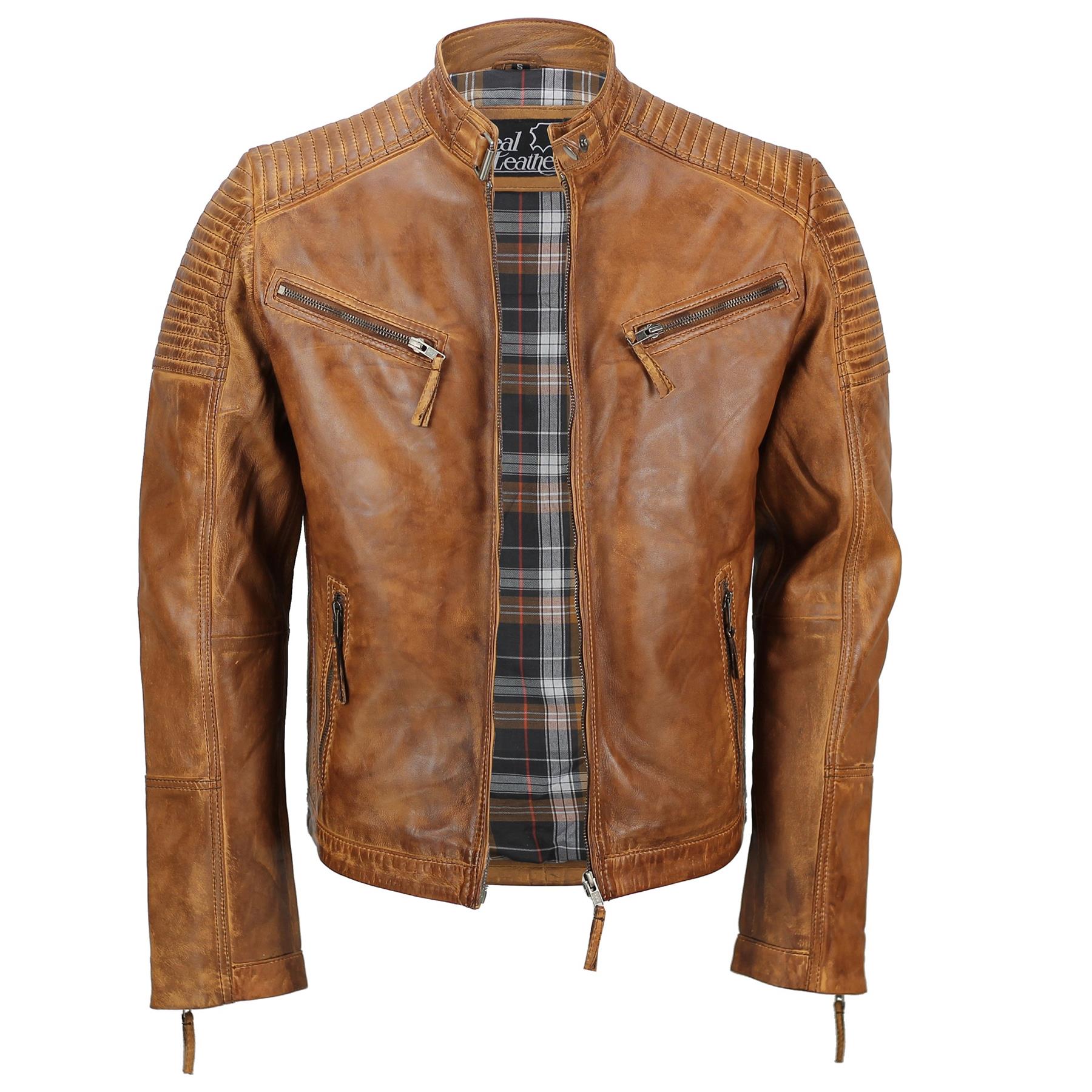 Mens Timber Tan Antique Washed Real Leather Vintage Biker Style Zipped Jacket