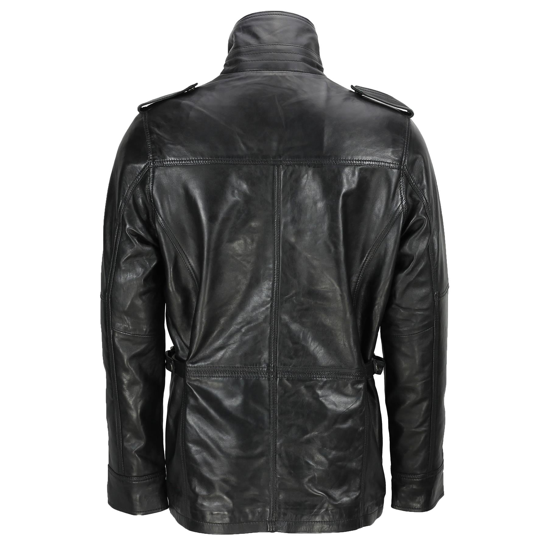 Mens Classic Black Soft Wax Real Leather Smart Vintage Jacket Military Coat