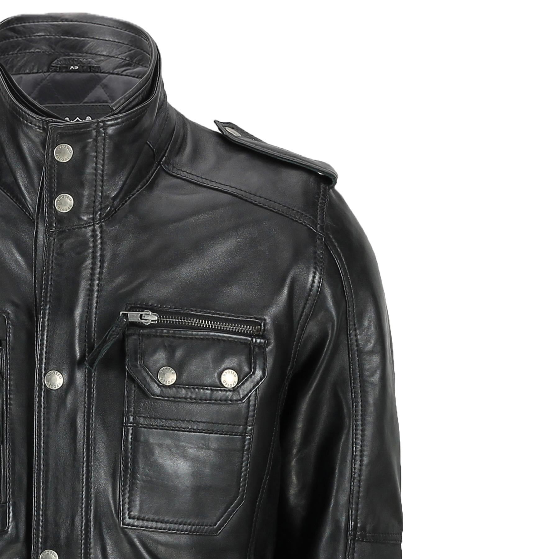 Mens Classic Black Soft Wax Real Leather Smart Vintage Jacket Military Coat
