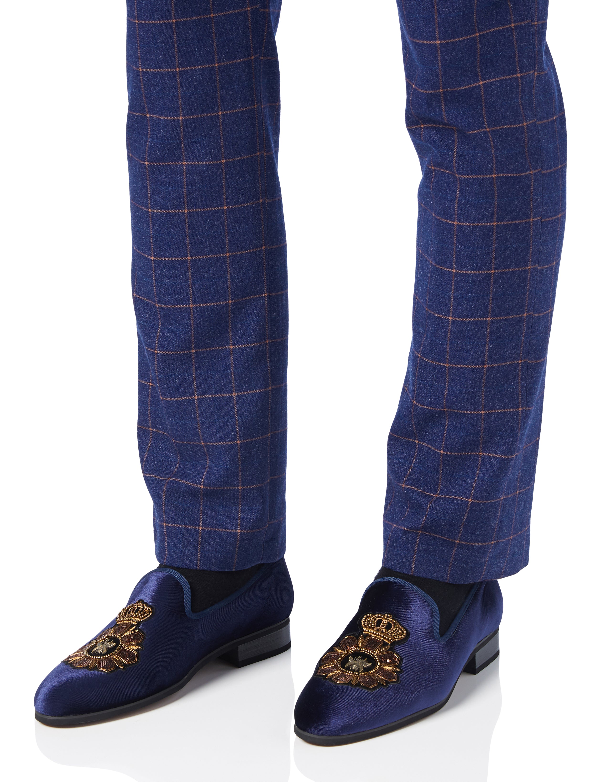 Mens Velvet Loafers Bee Crown Embroidered Vintage Dress Shoes Slip On Slippers Navy Blue
