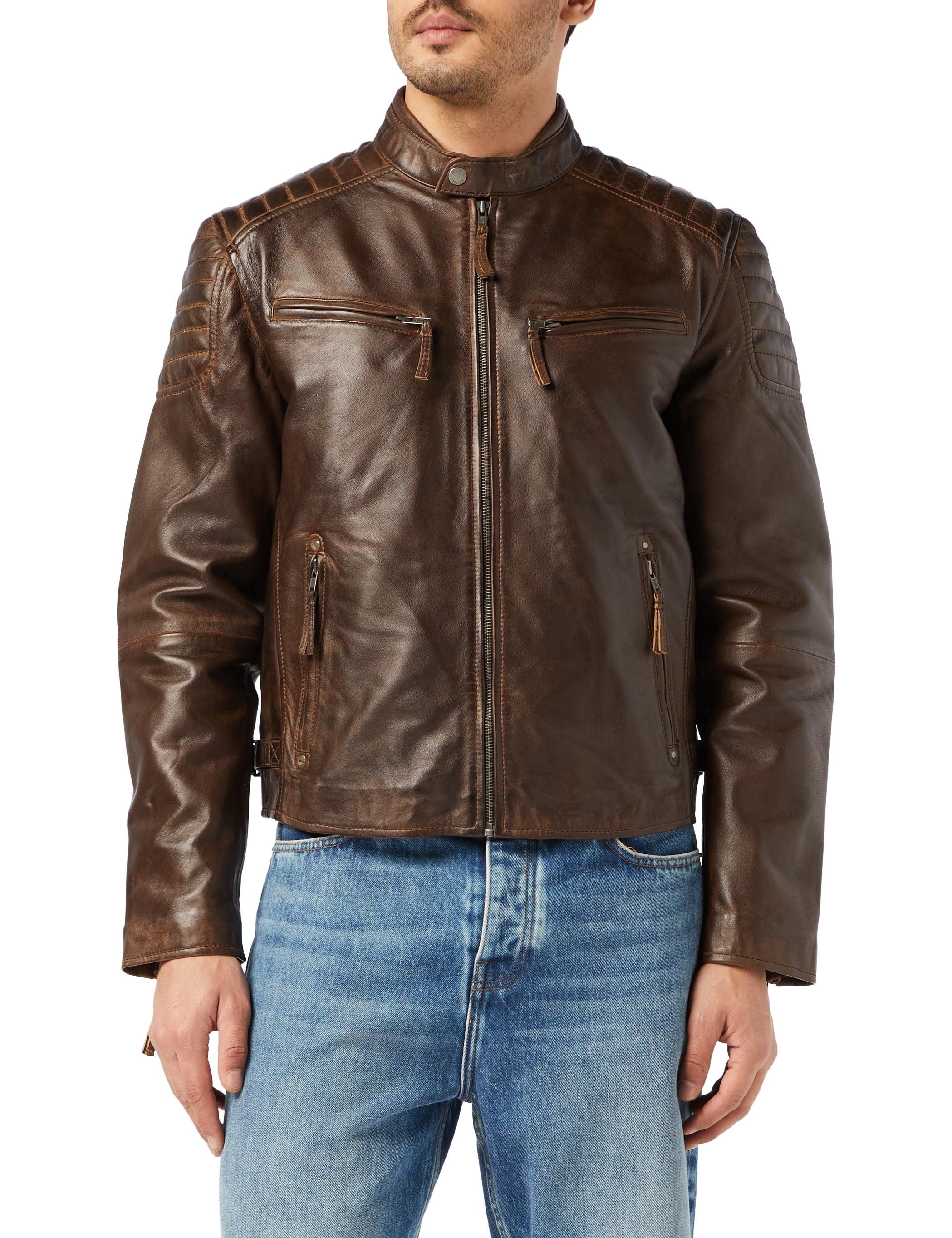 Antique Washed Brown Biker Jacket