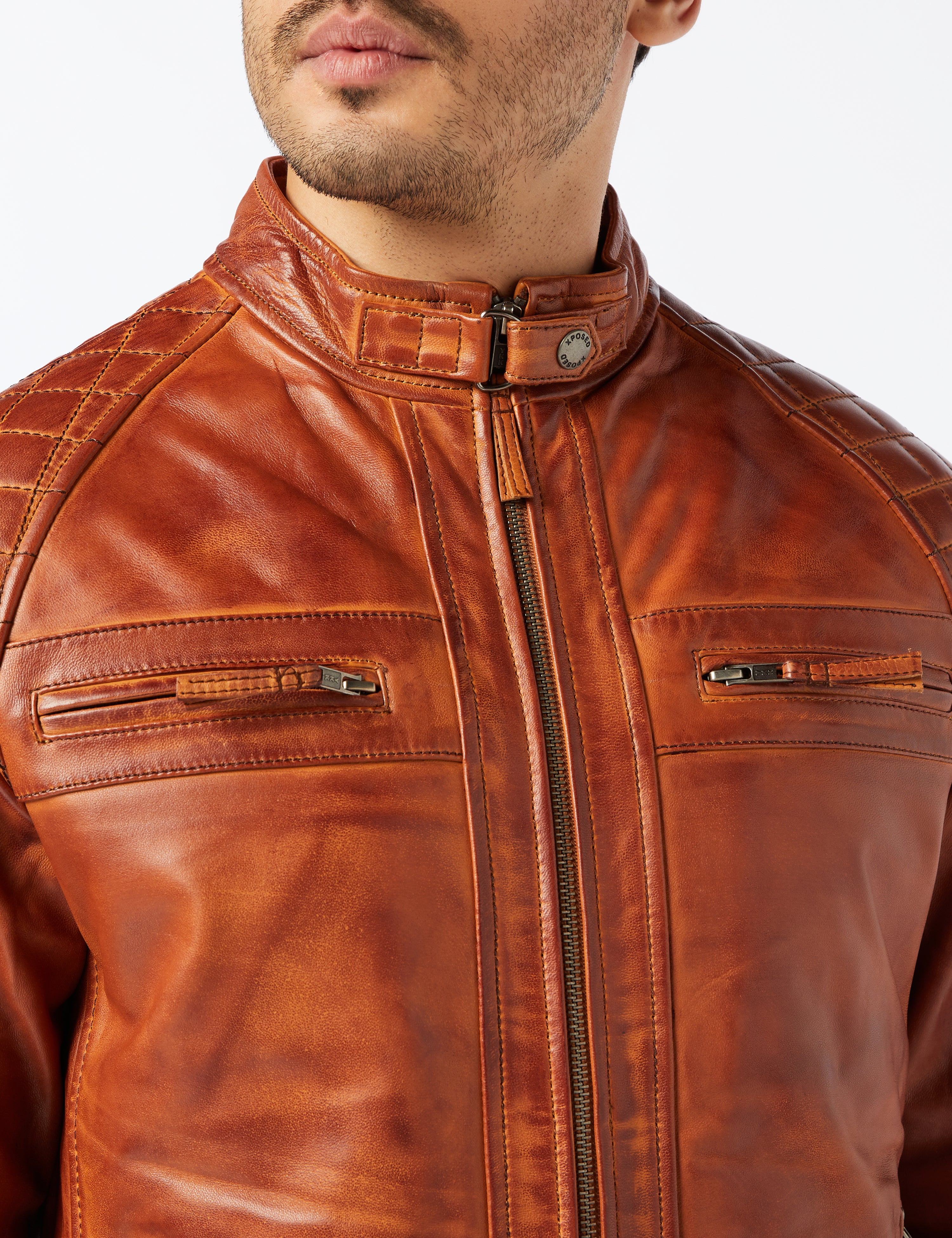 Mens Real Leather Washed Tan Rust Brown Vintage Zipped Smart Casual Biker Jacket