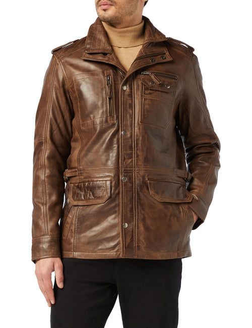 VESTE EN CUIR MARRON DE STYLE MILITAIRE
