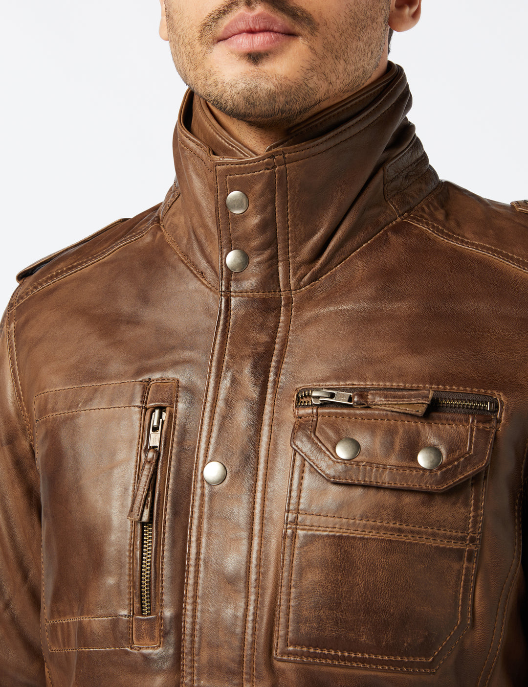 MILITARY STYLE BROWN LEATHER JACKET XPOSED