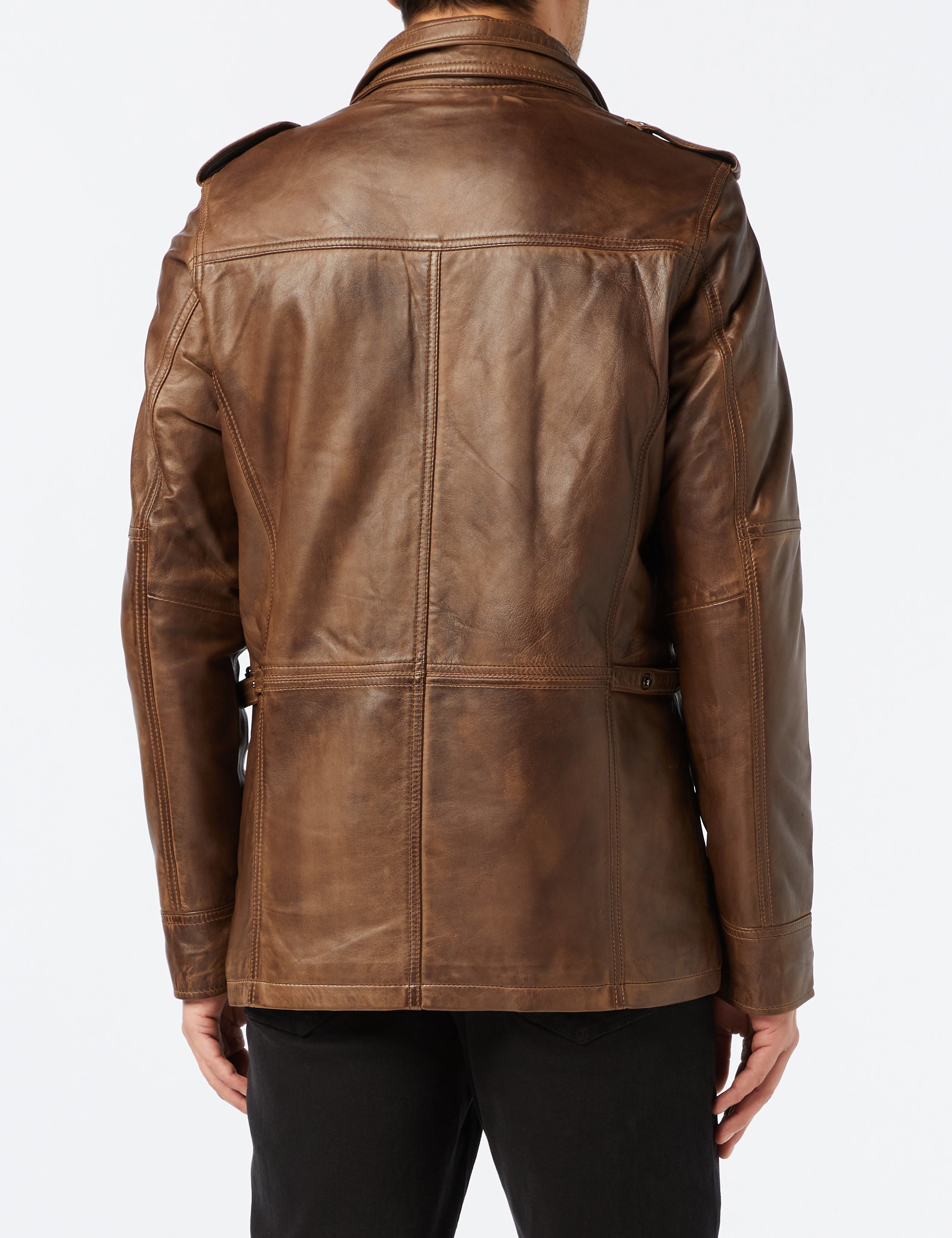 VESTE EN CUIR MARRON DE STYLE MILITAIRE