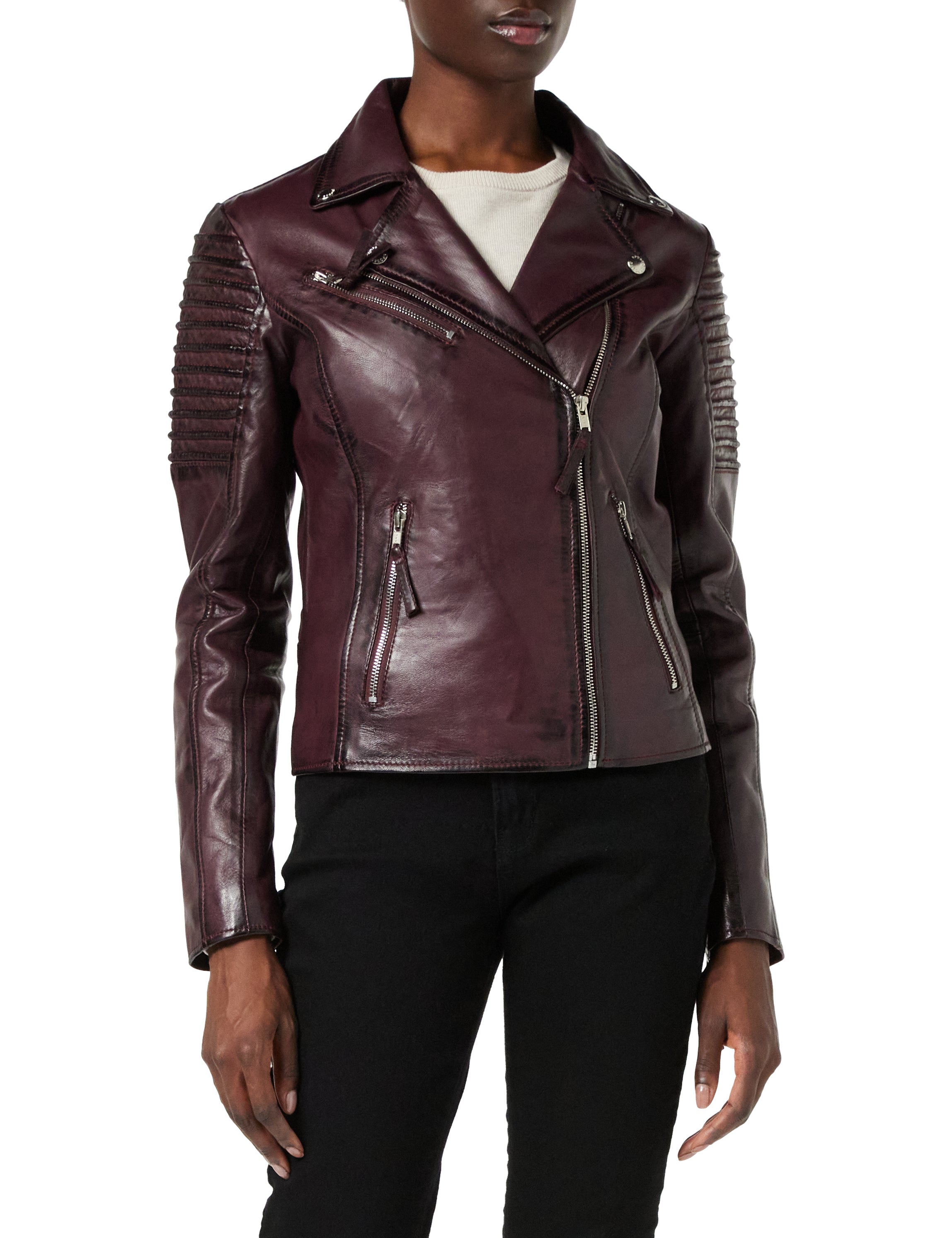 Ladies Retro Biker Jacket Burgundy