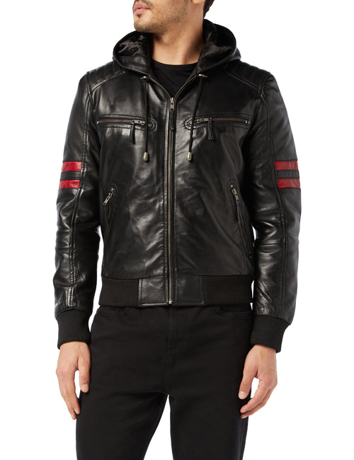 BOMBER LEATHER JACKET WITH HOOD