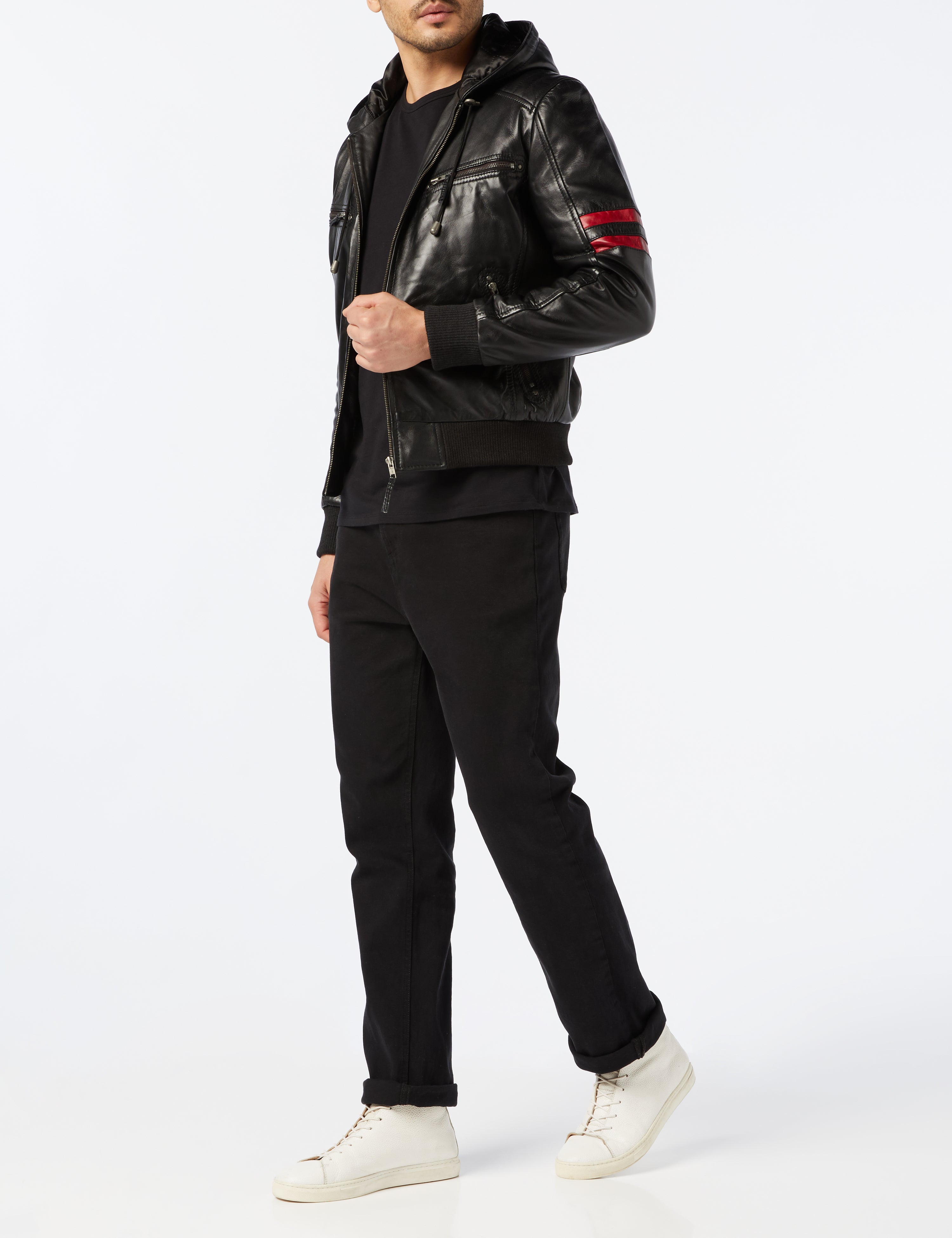 BOMBER LEATHER JACKET WITH HOOD