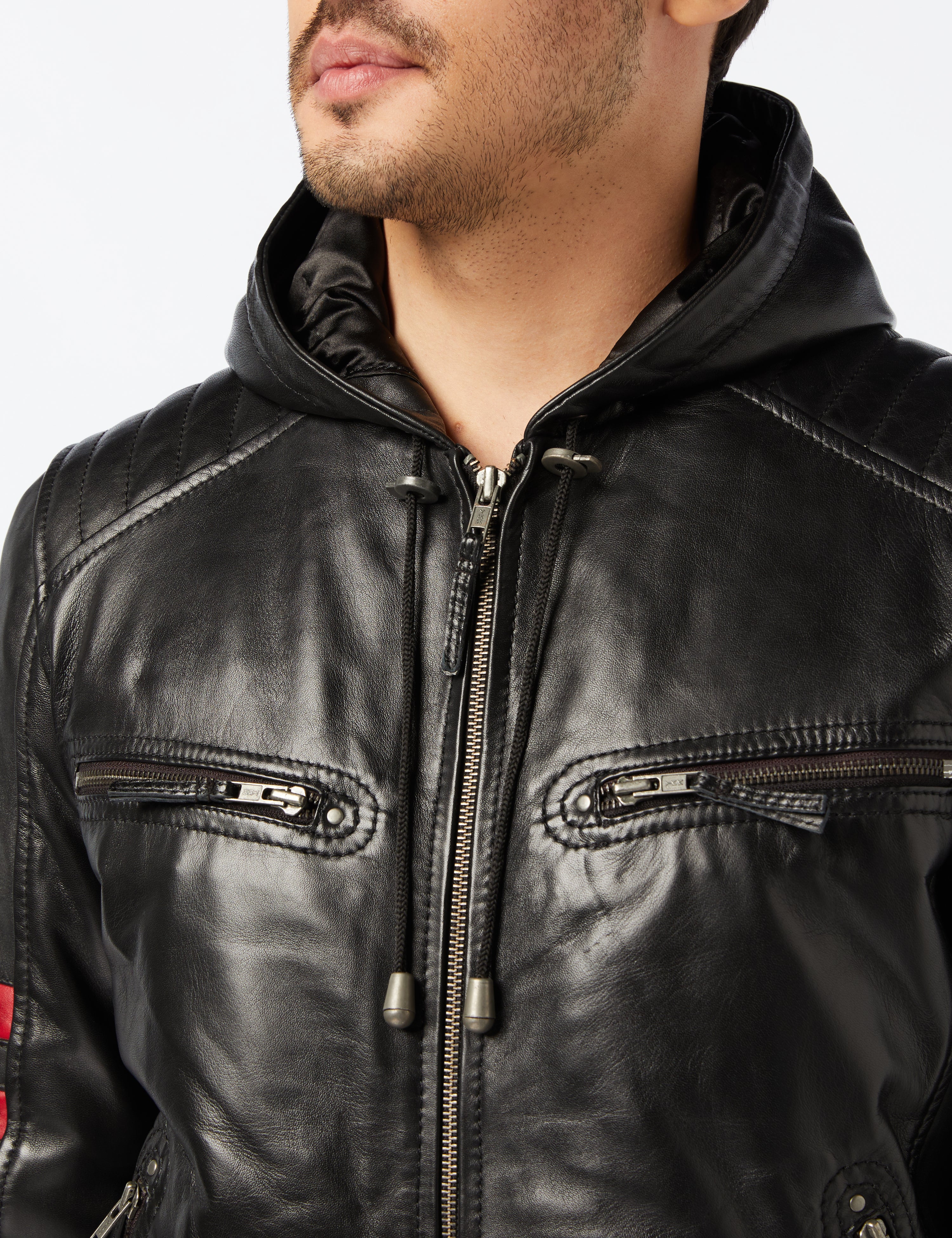 BOMBER LEATHER JACKET WITH HOOD