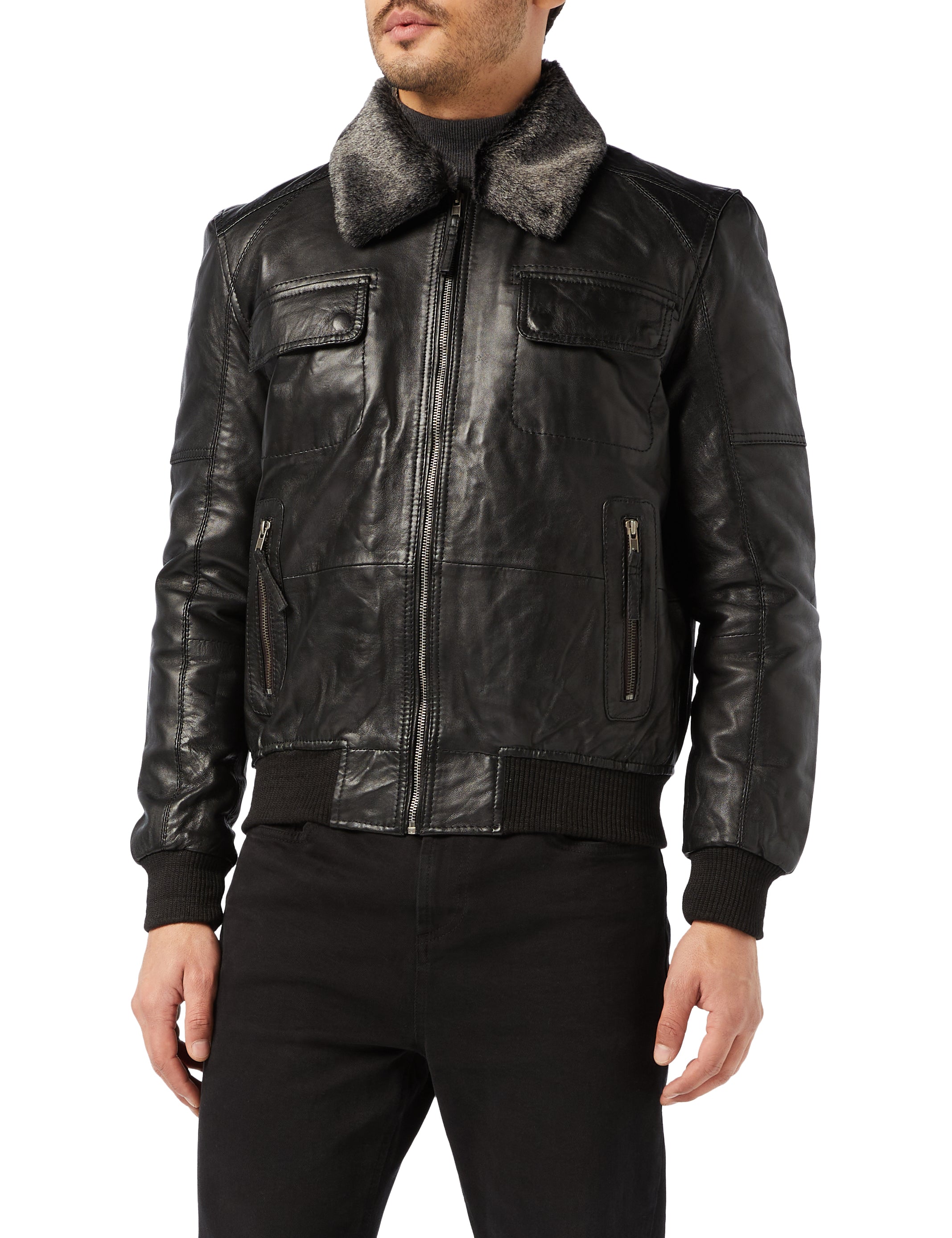 BOMBER LEATHER JACKET WITH FUR