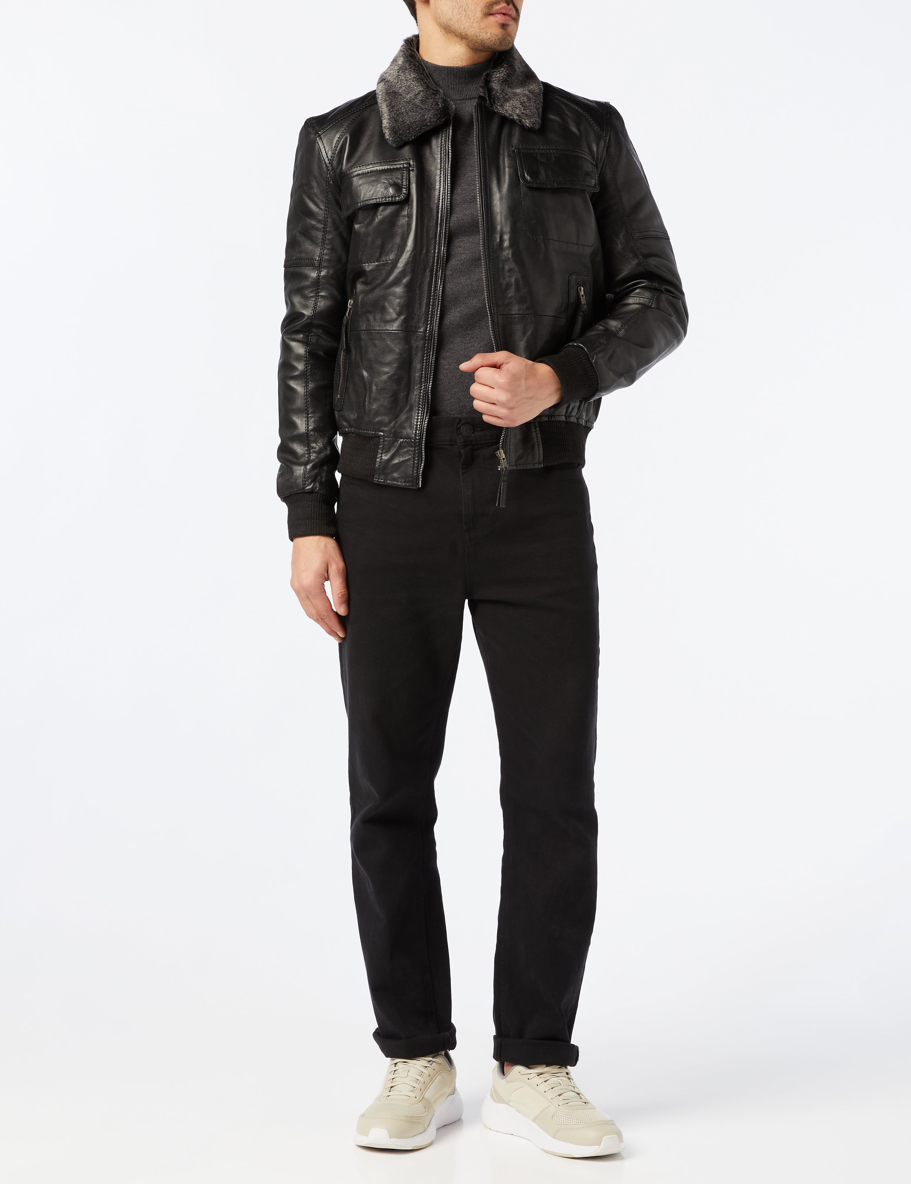 BOMBER LEATHER JACKET WITH FUR