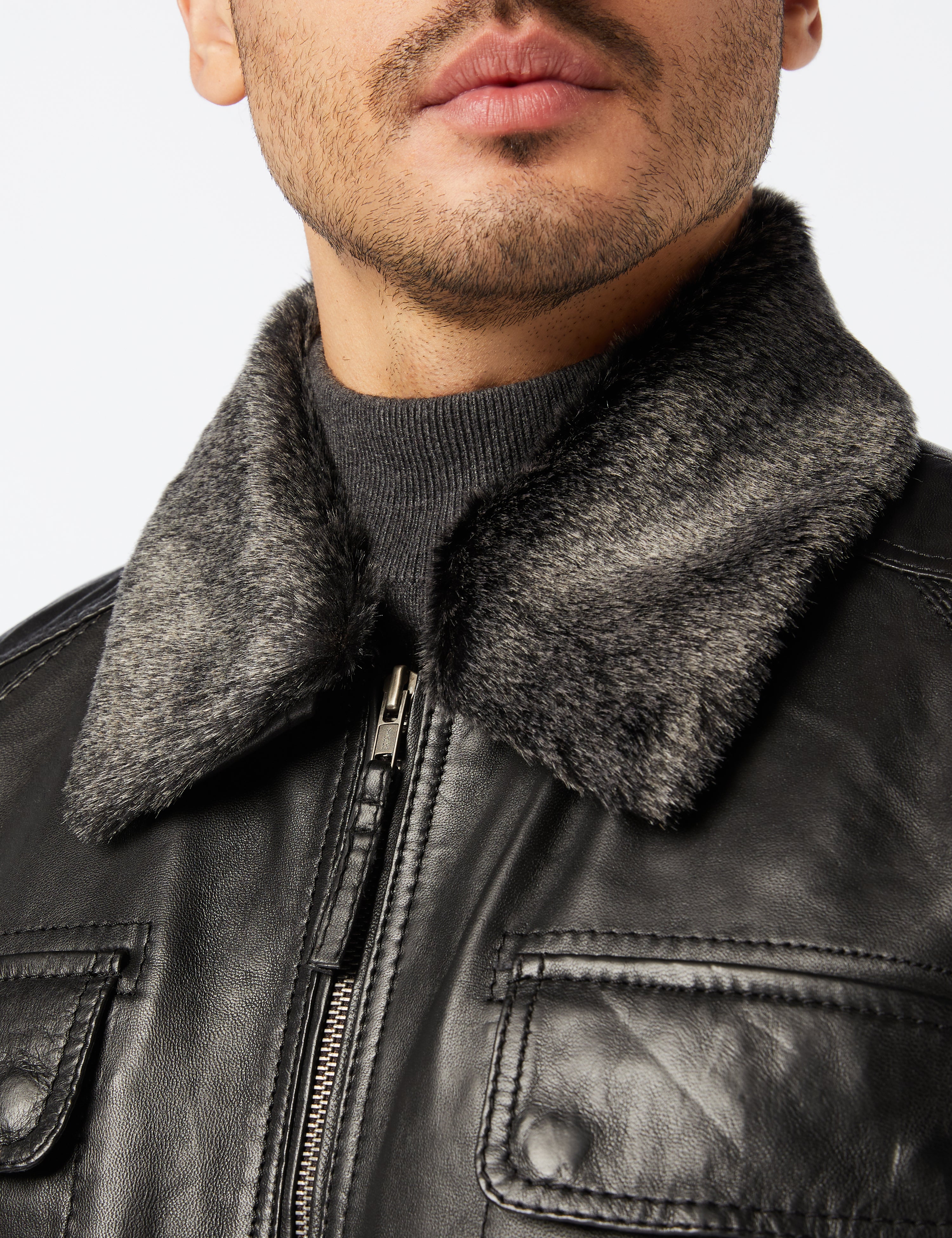 BOMBER LEATHER JACKET WITH FUR