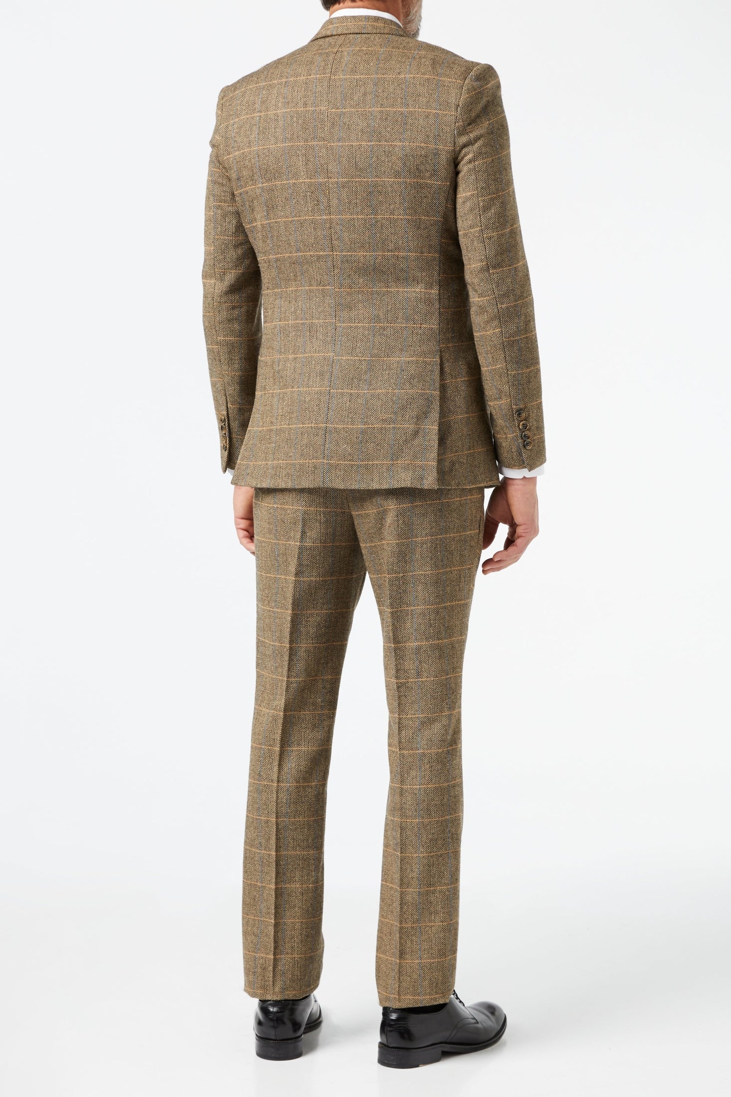 Costume 3 Pièces En Tweed Pour Homme - Coupe Ajustée Vintage, Brun Taupe à Chevrons Et Check Navy
