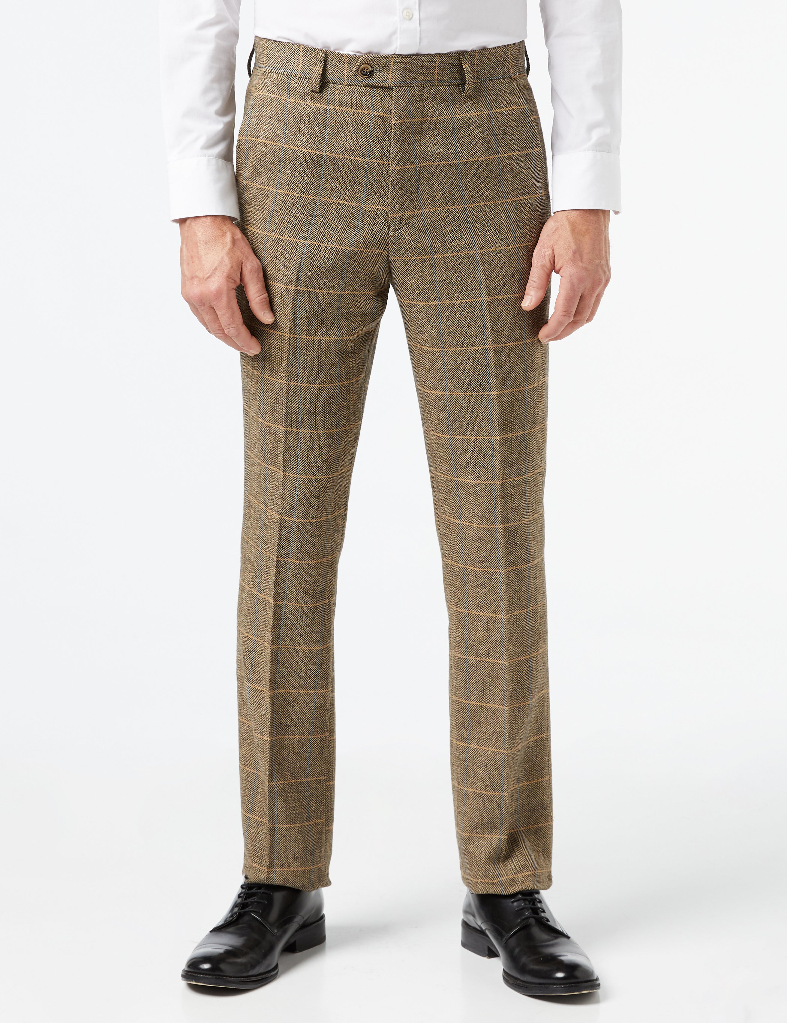 Mens 3 Piece Tweed Suit Tan Herringbone Check Retro Tailored Fit