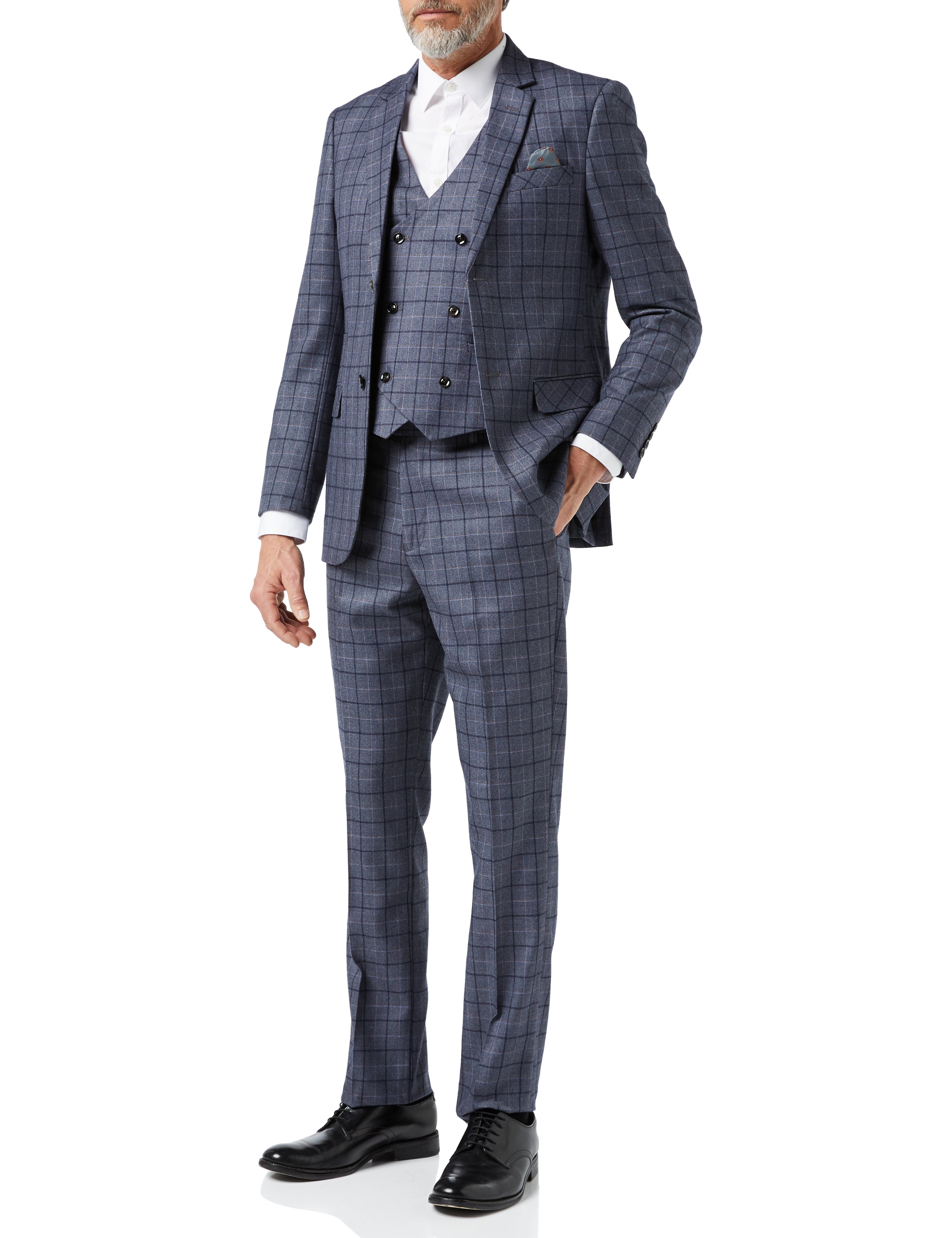 Mens 3 Piece Grey Check Suit Retro Vintage Smart Tailored Fit Classic Formal