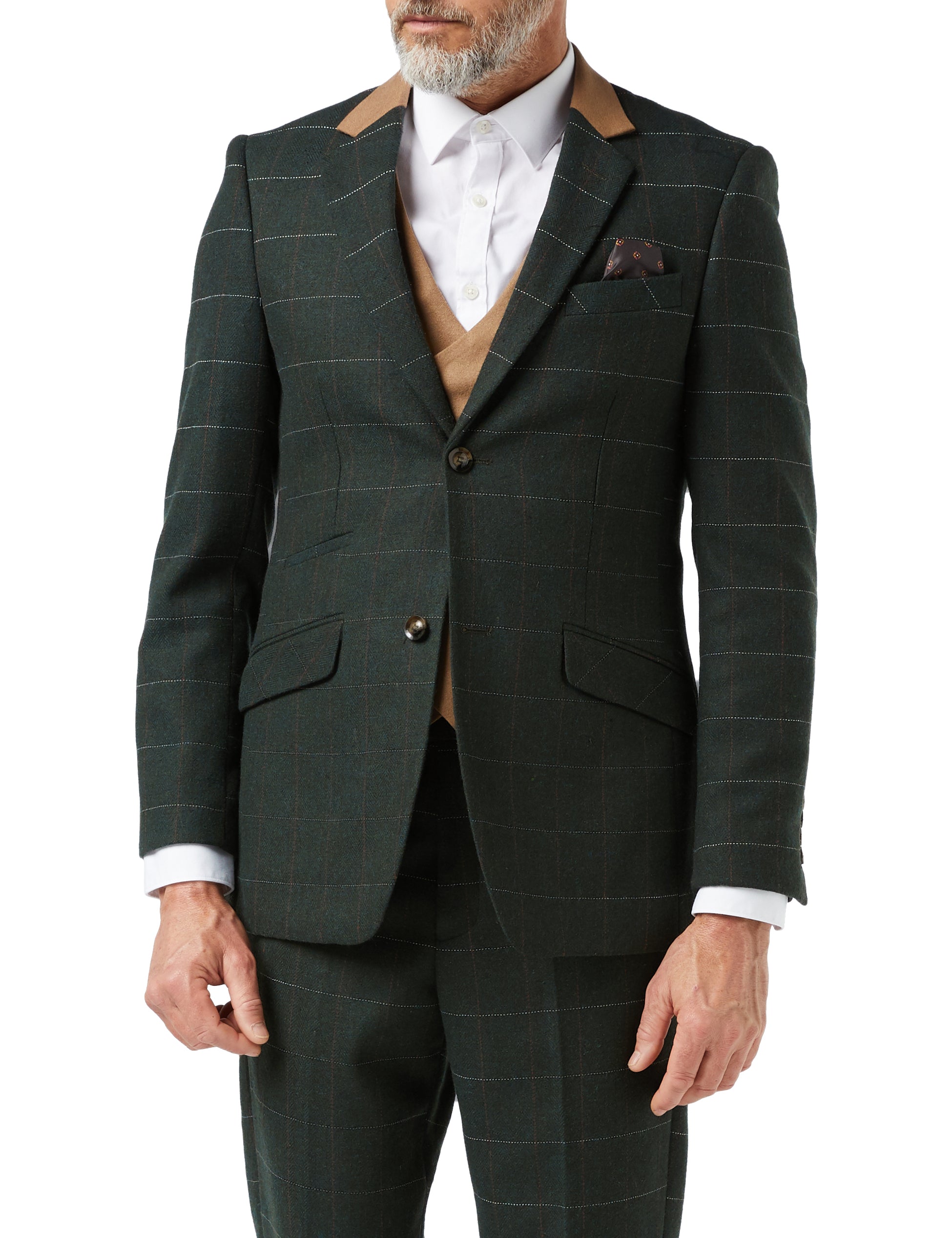 Mens Classic 3 Piece Tweed Suit Olive Green Herringbone Check Smart Tailored Fit