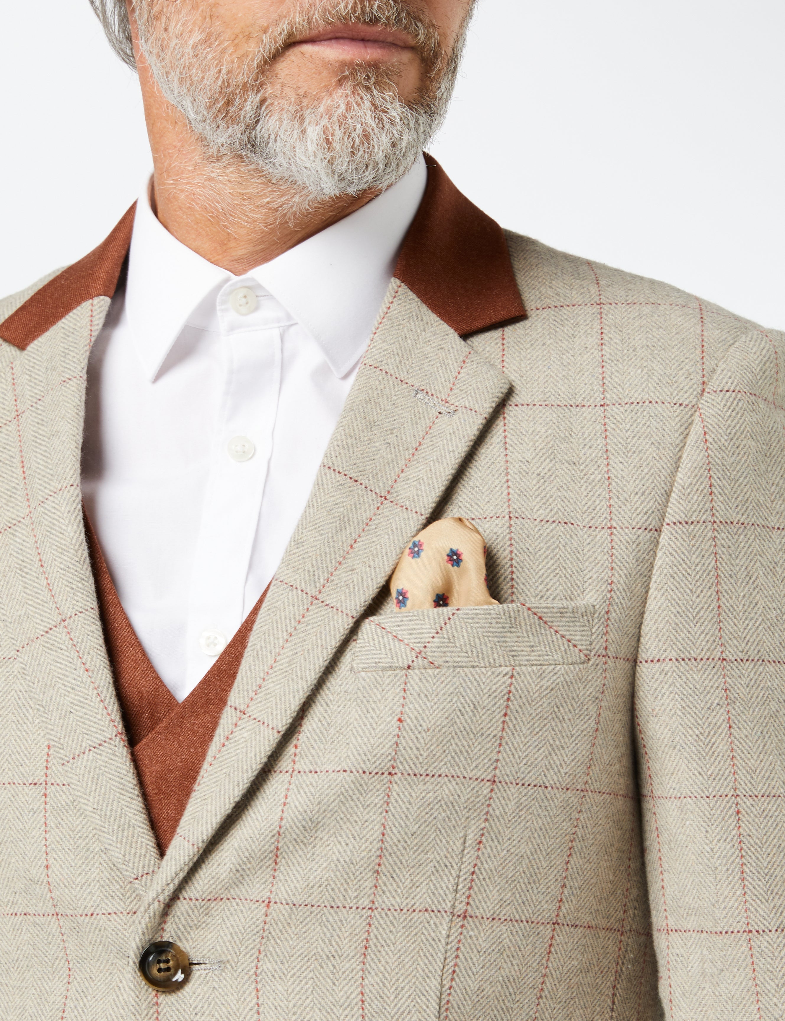 Mens 3 Piece Tweed Herringbone Red Check On Beige Mod Vintage Suit Tailored Fit