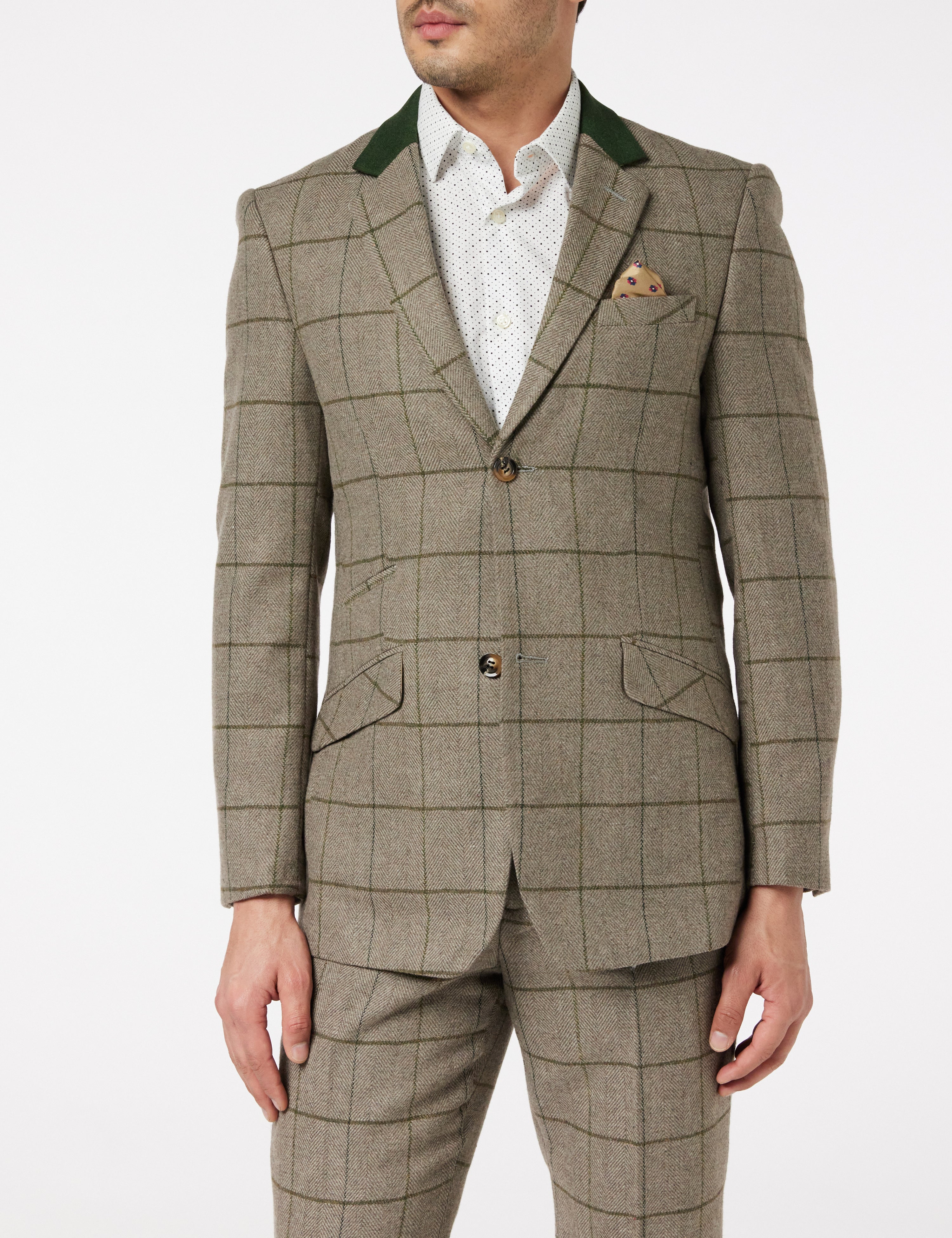 Mens Retro 3 Piece Tweed Herringbone Beige Green Check Smart Tailored Fit Suit