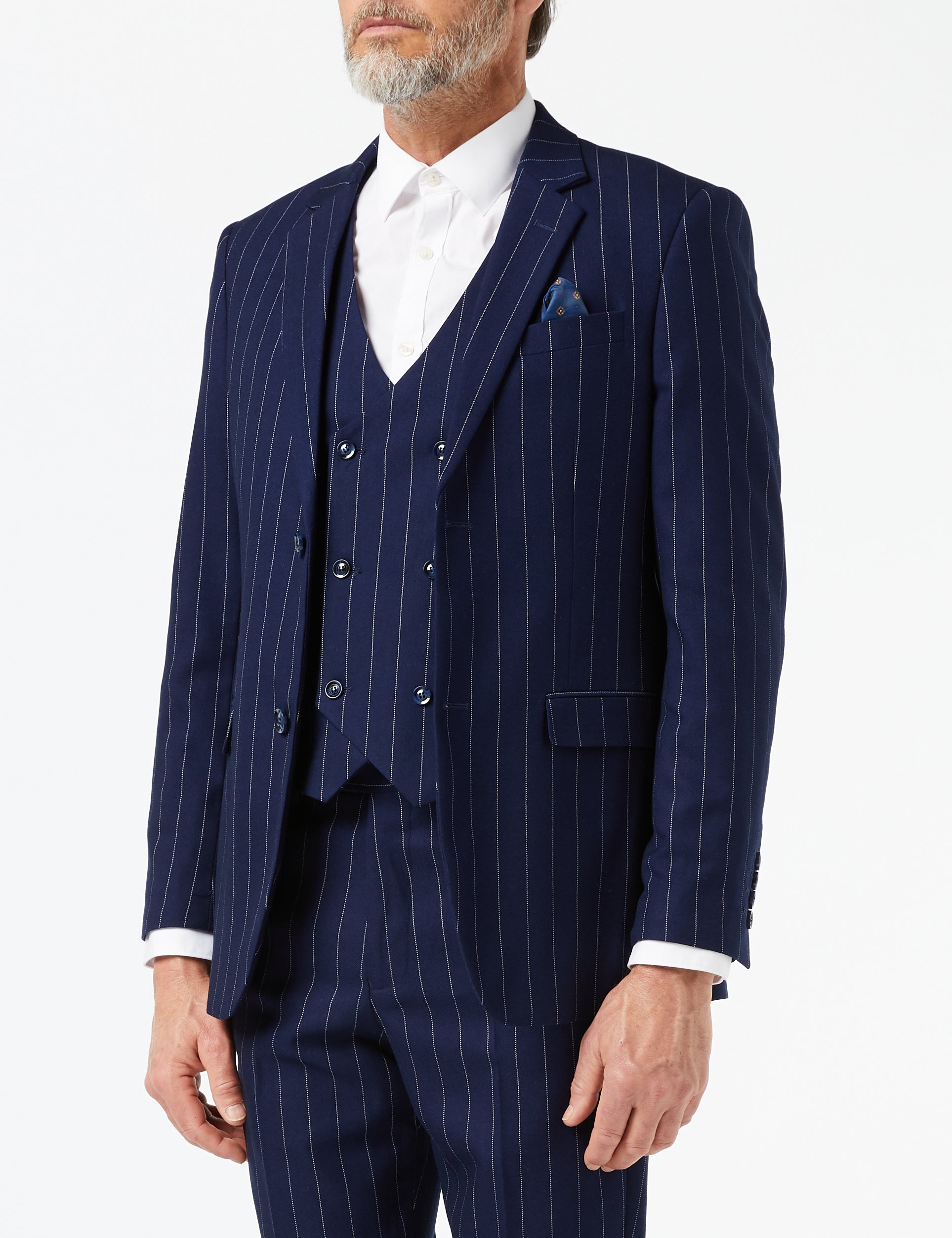 Mens 3 Piece Suit White On Navy Pinstripe 1920 Retro Classic Tailored Fit Jacket