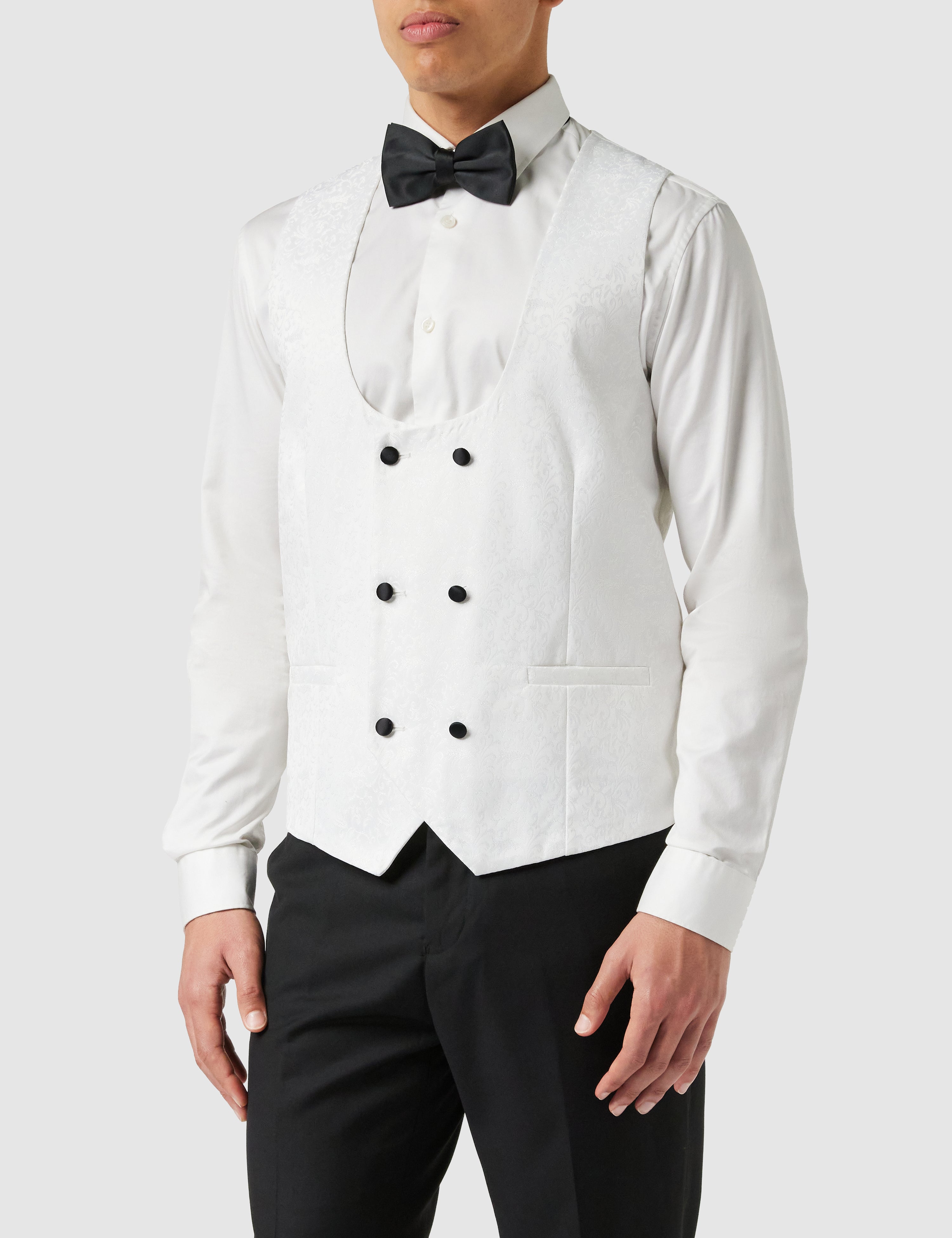BRIAN - Floral Jacquard Print White Tuxedo Jacket With Waistcoat