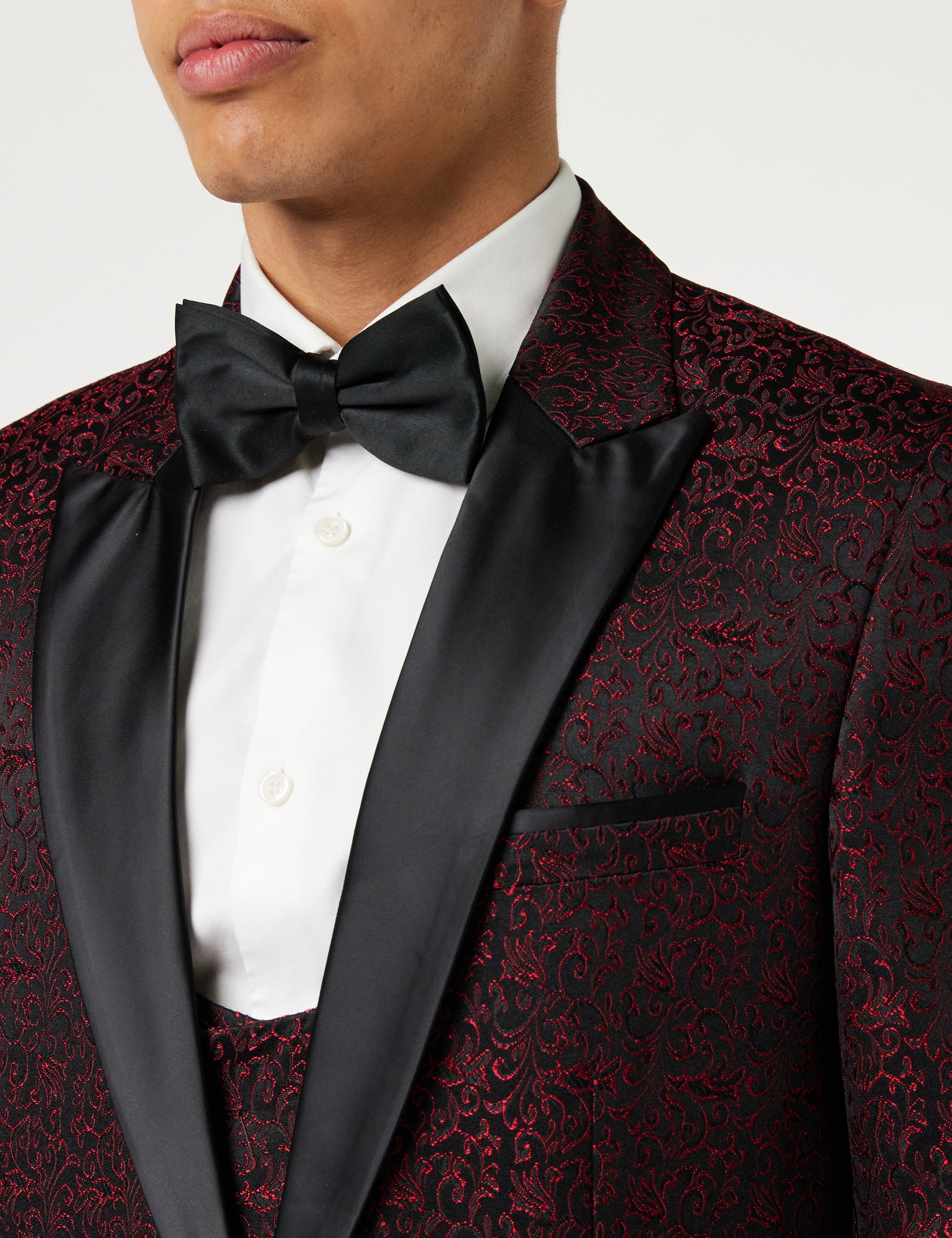 BRIAN - Floral Jacquard Print Red Tuxedo Jacket With Waistcoat