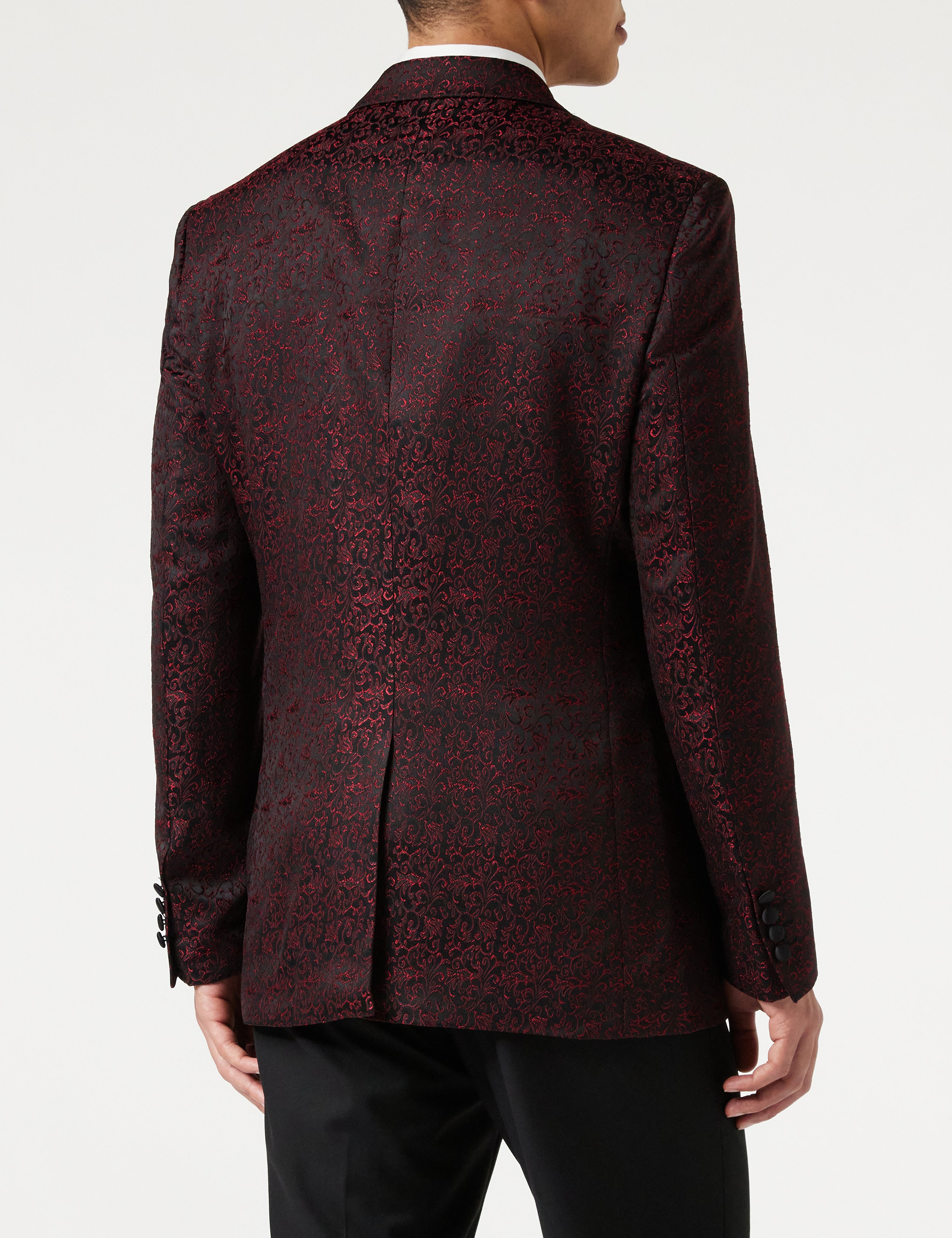 BRIAN - Floral Jacquard Print Red Tuxedo Jacket With Waistcoat