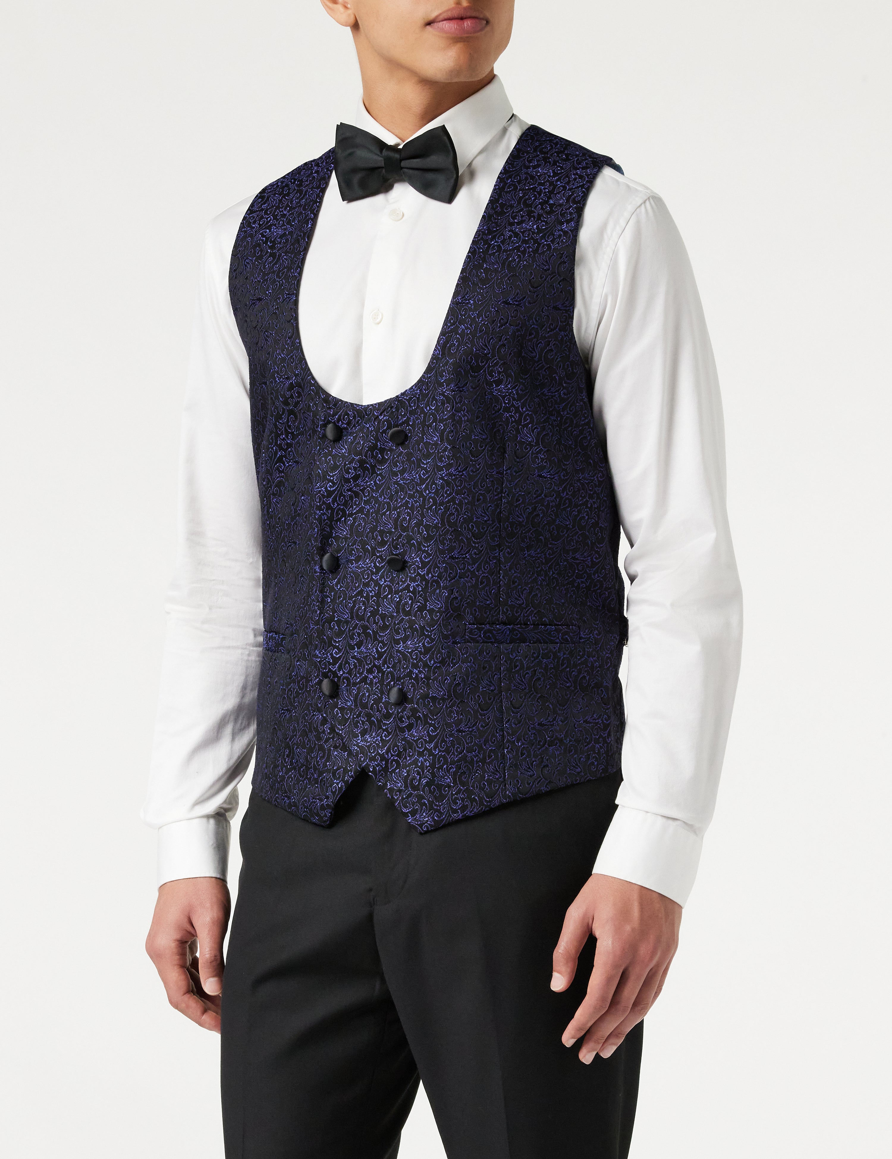 BRIAN - Floral Jacquard Print Blue Tuxedo Jacket With Waistcoat