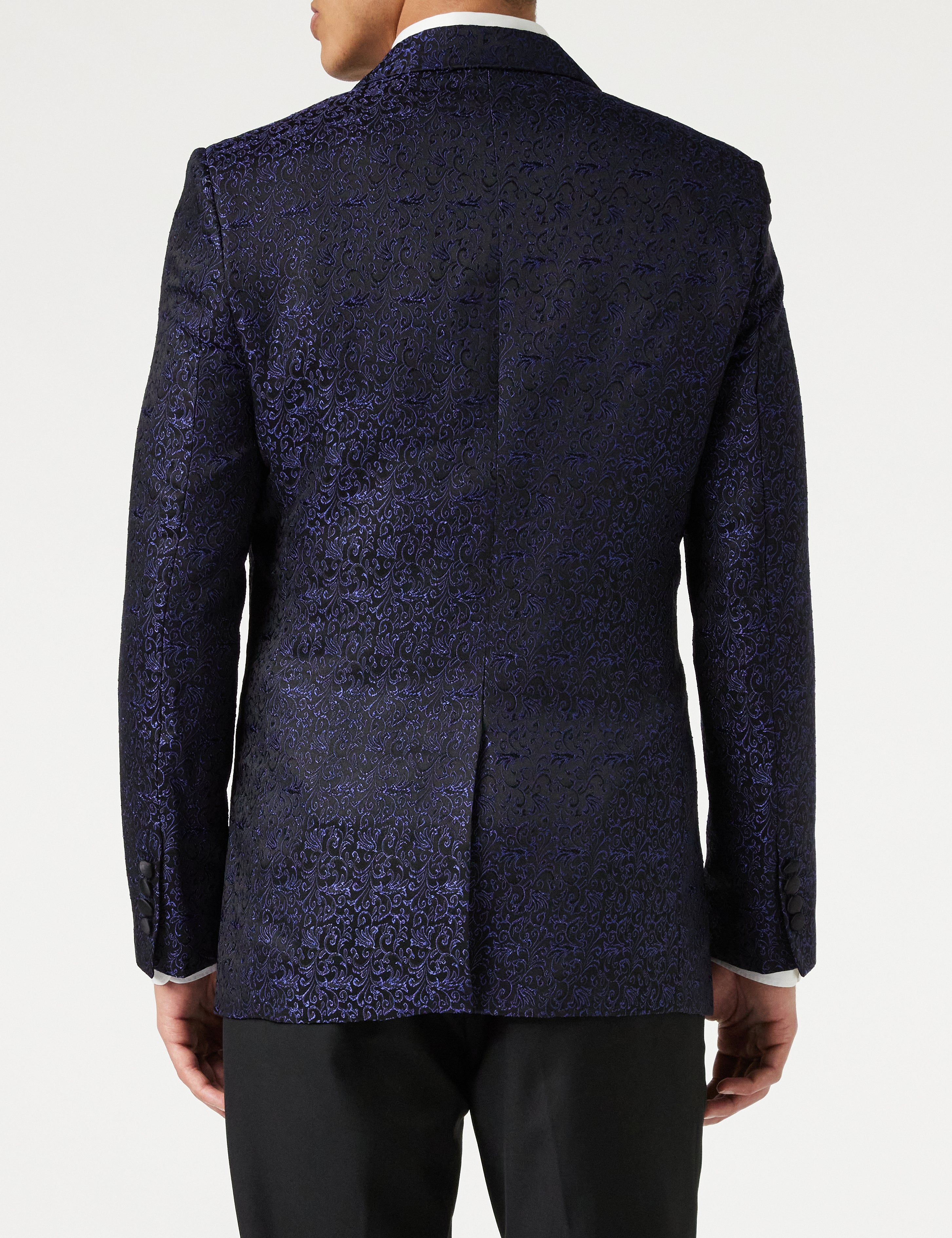 BRIAN - Veste de smoking bleue à imprimé jacquard fleuri avec gilet