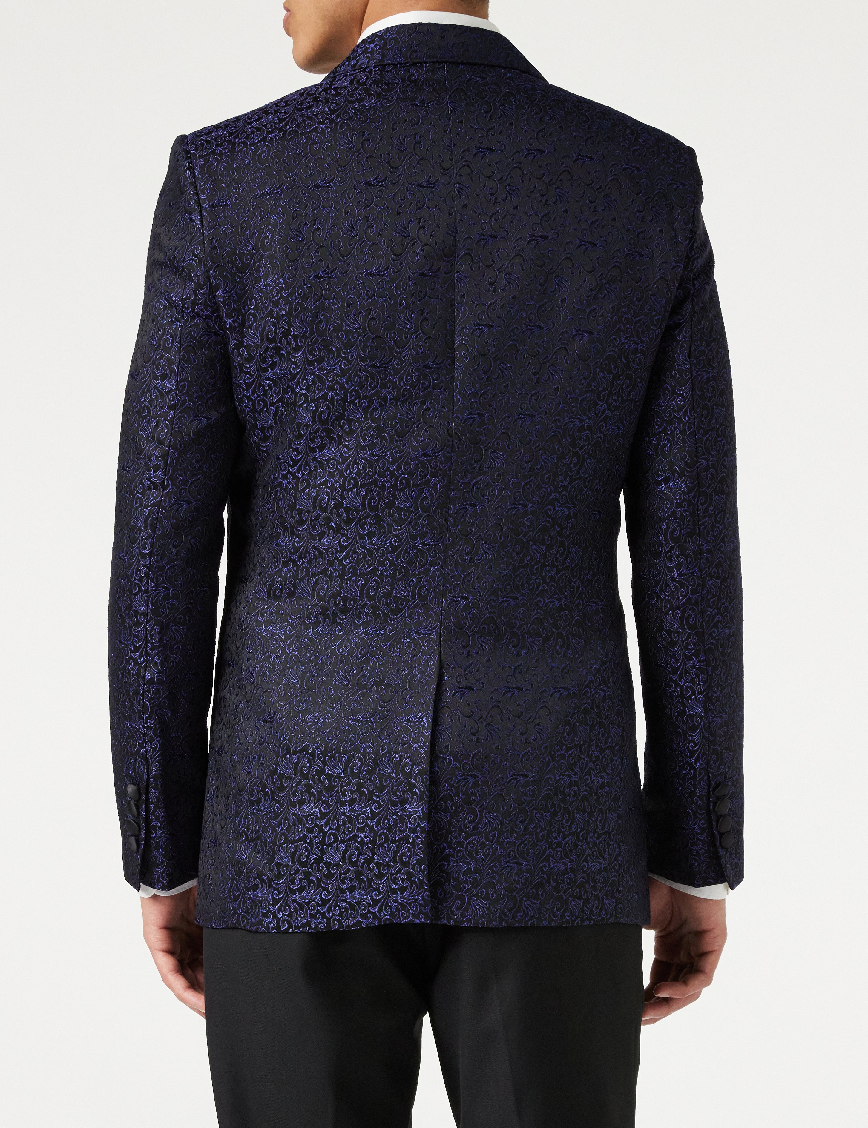 BRIAN - Floral Jacquard Print Blue Tuxedo Jacket With Waistcoat