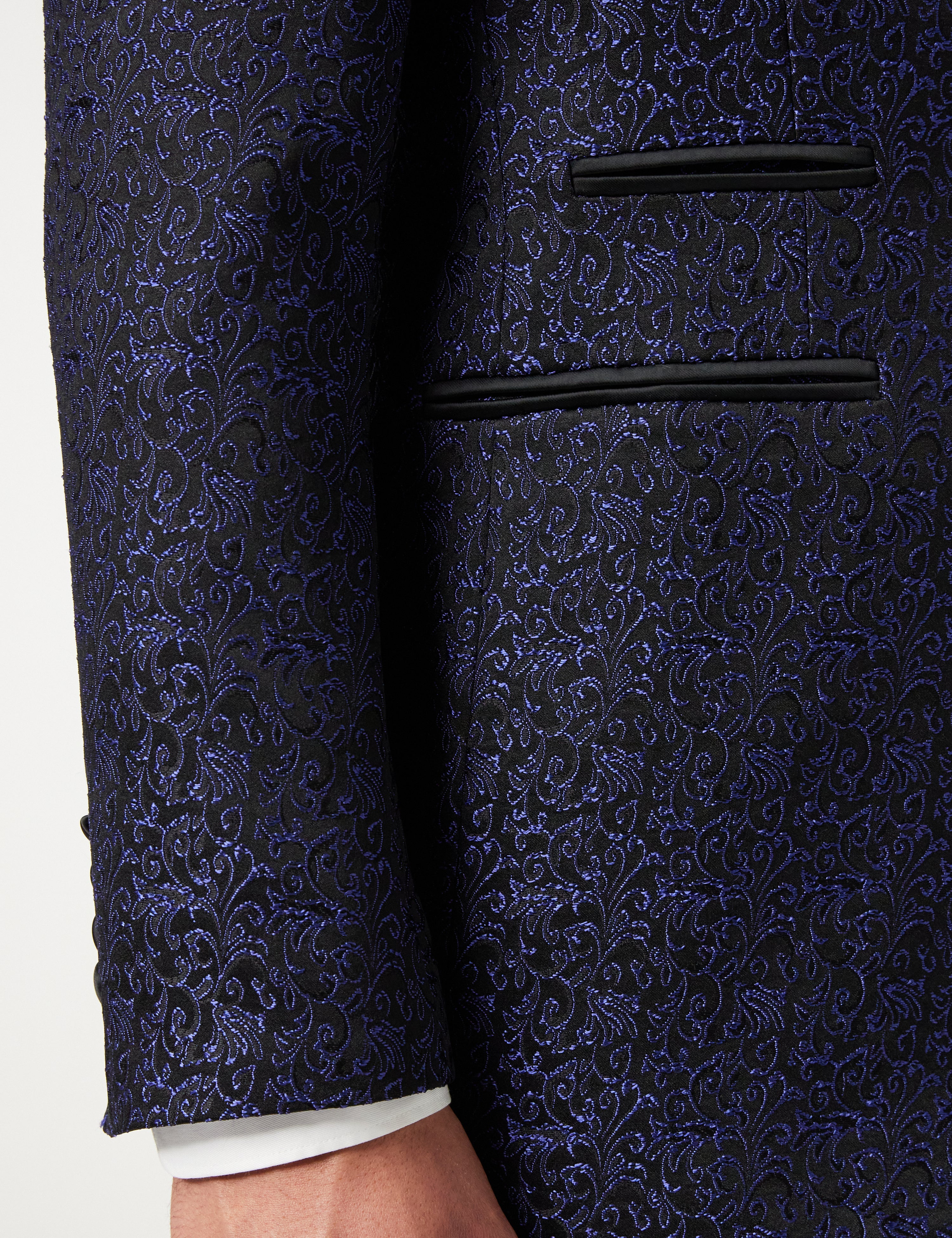 BRIAN - Floral Jacquard Print Blue Tuxedo Jacket With Waistcoat