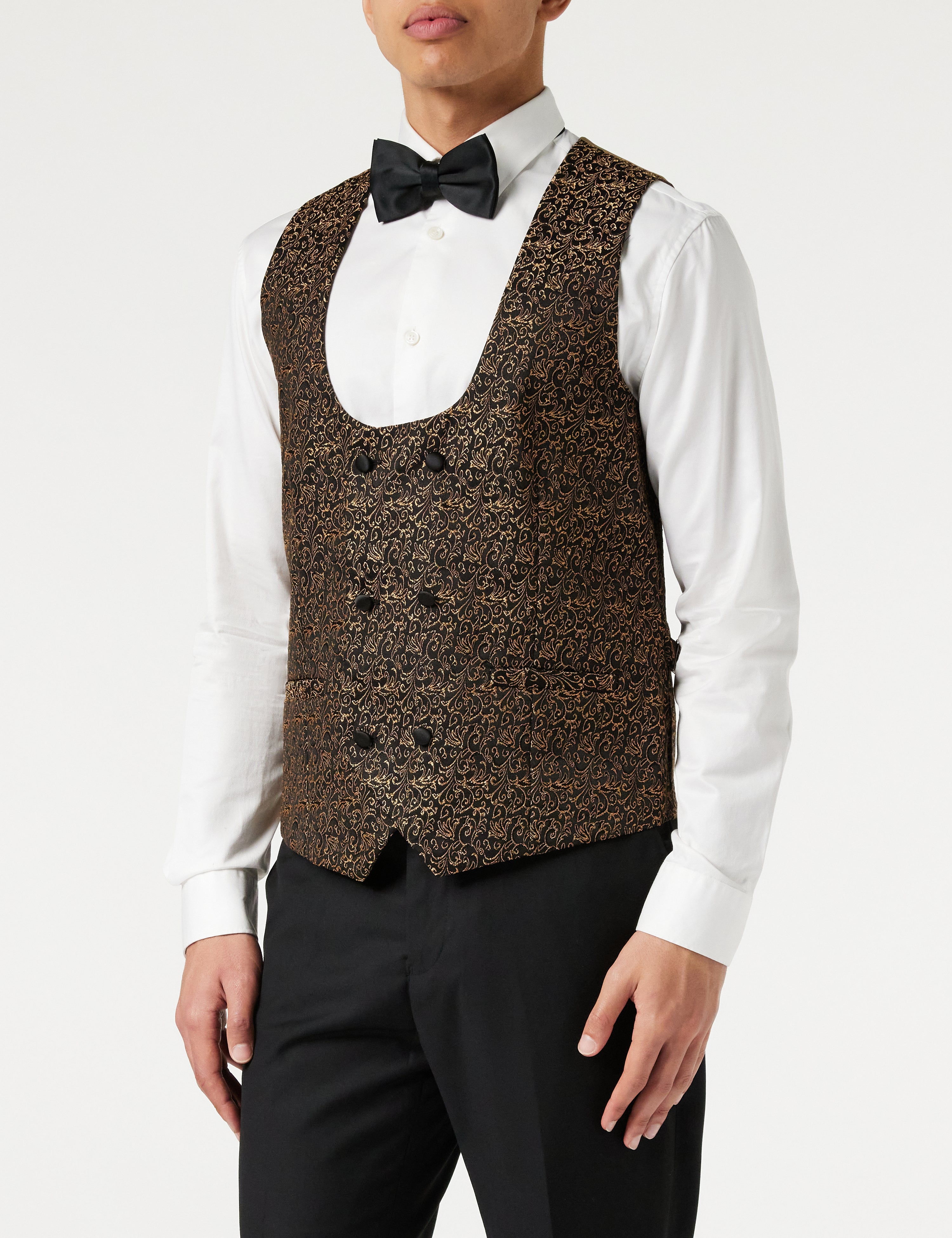 BRIAN - Floral Jacquard Print Gold Tuxedo Jacket With Waistcoat