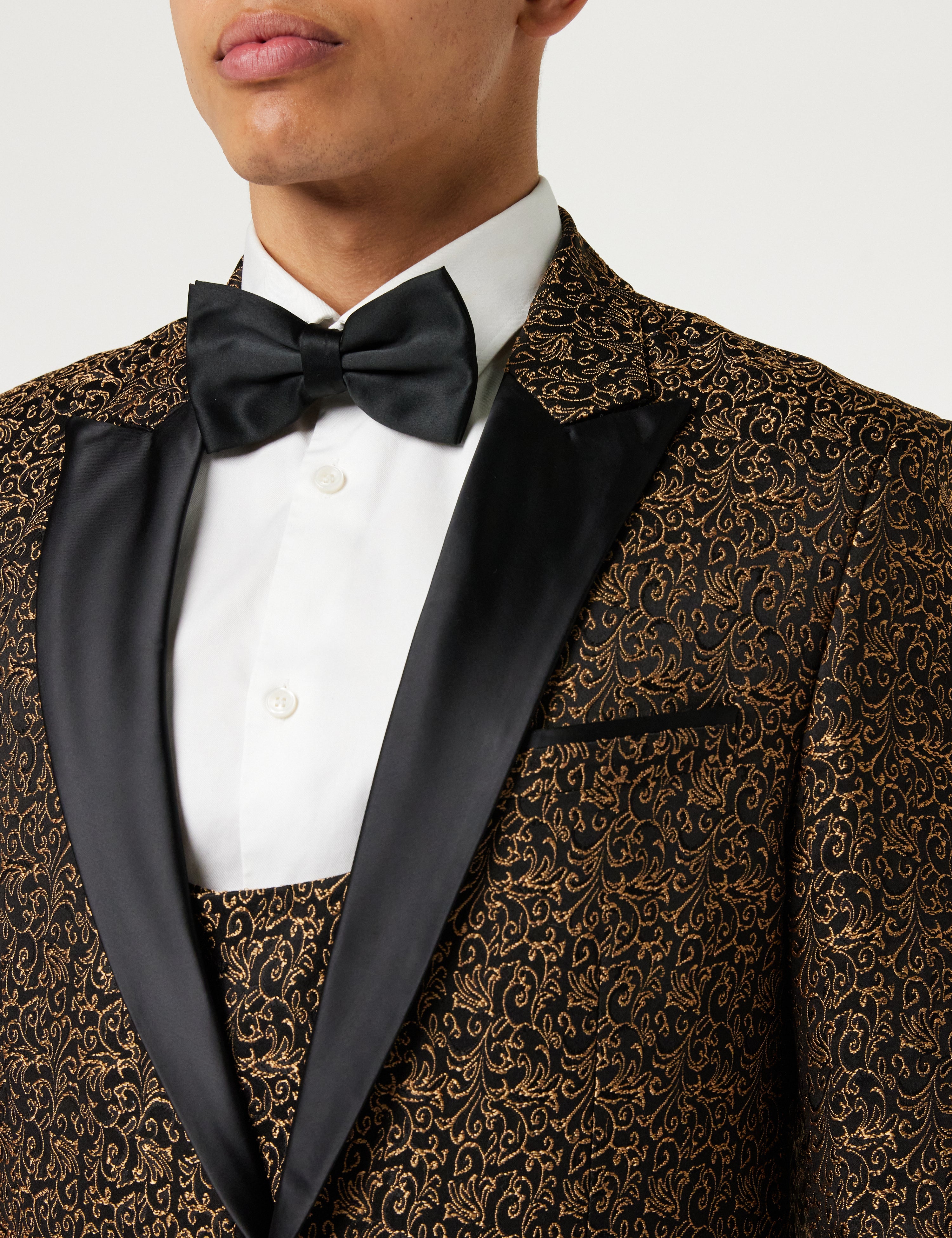 BRIAN - Floral Jacquard Print Gold Tuxedo Jacket With Waistcoat