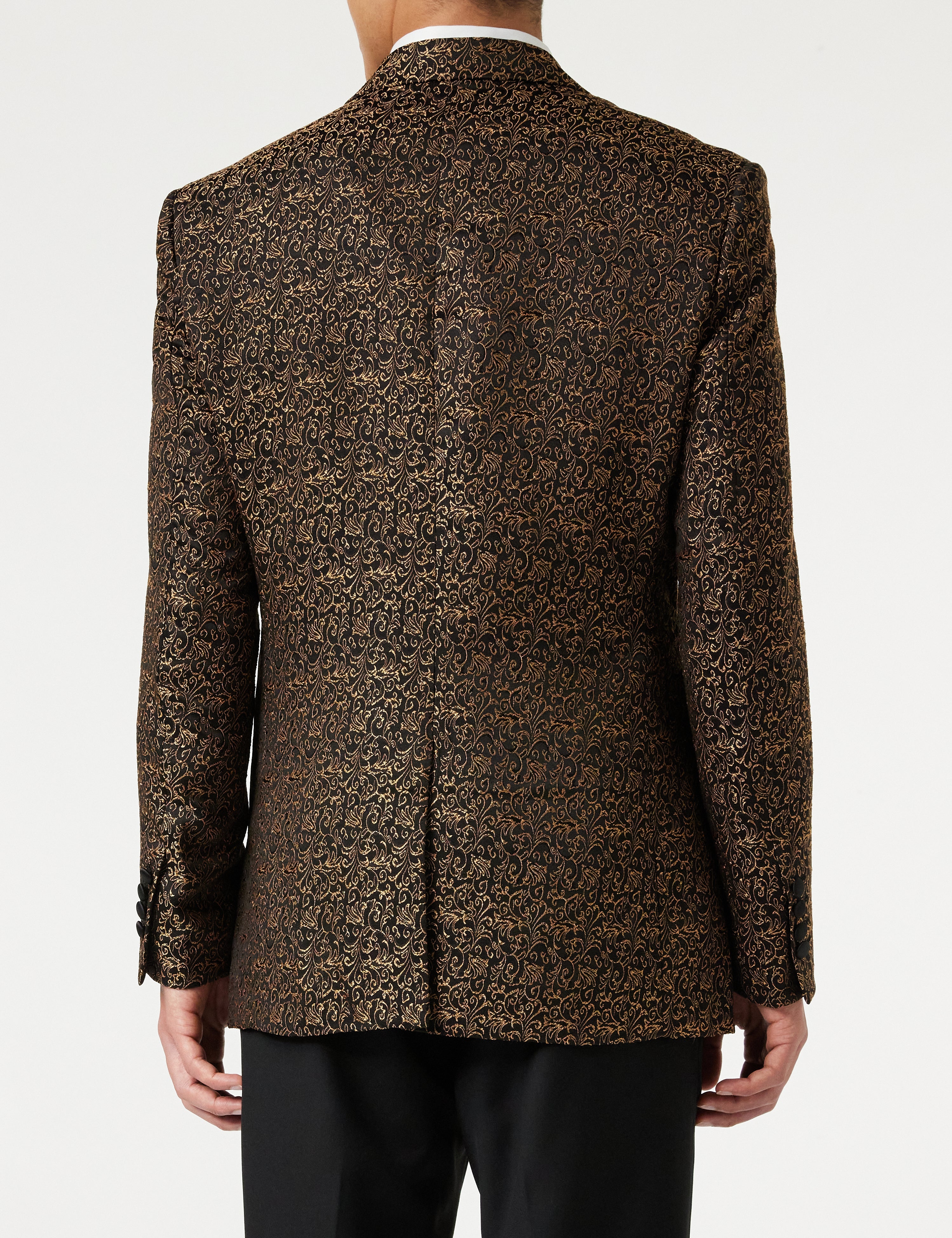 BRIAN - Floral Jacquard Print Gold Tuxedo Jacket With Waistcoat