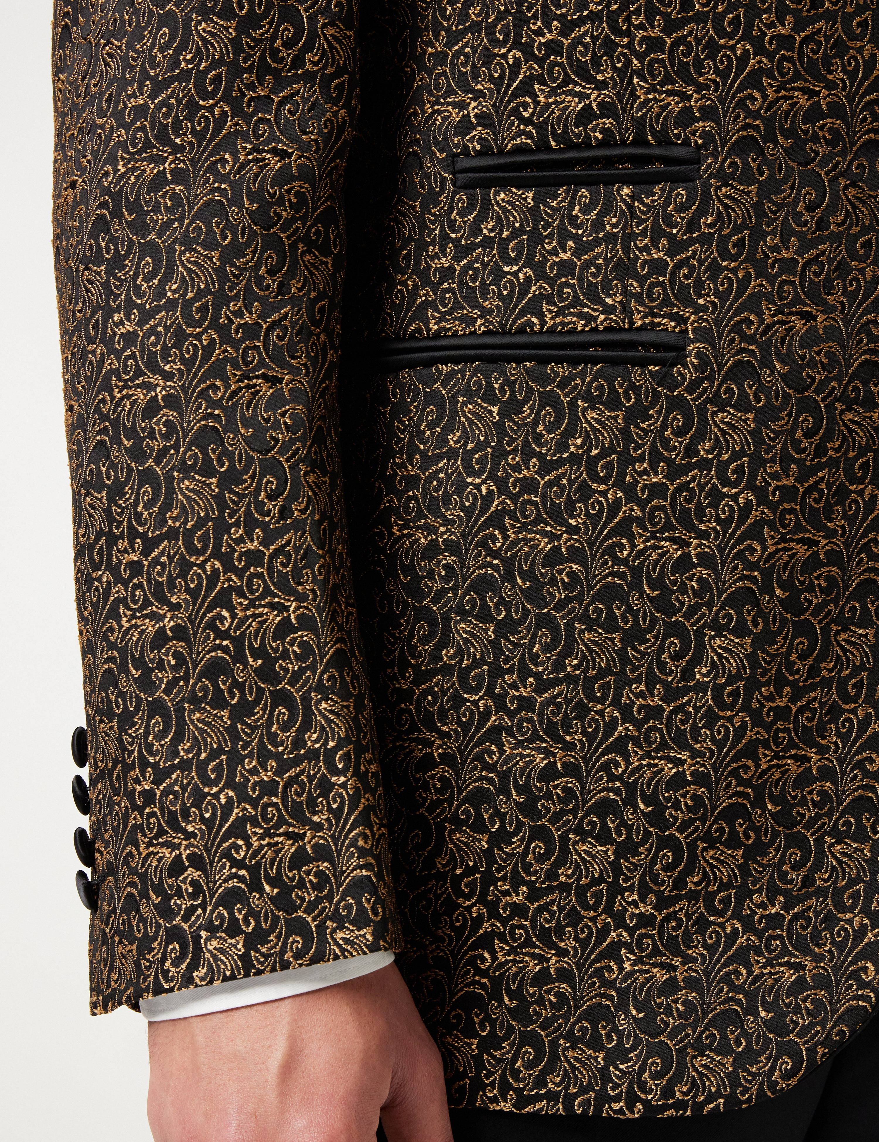 BRIAN – Goldfarbene Smokingjacke mit floralem Jacquard-Print und Weste