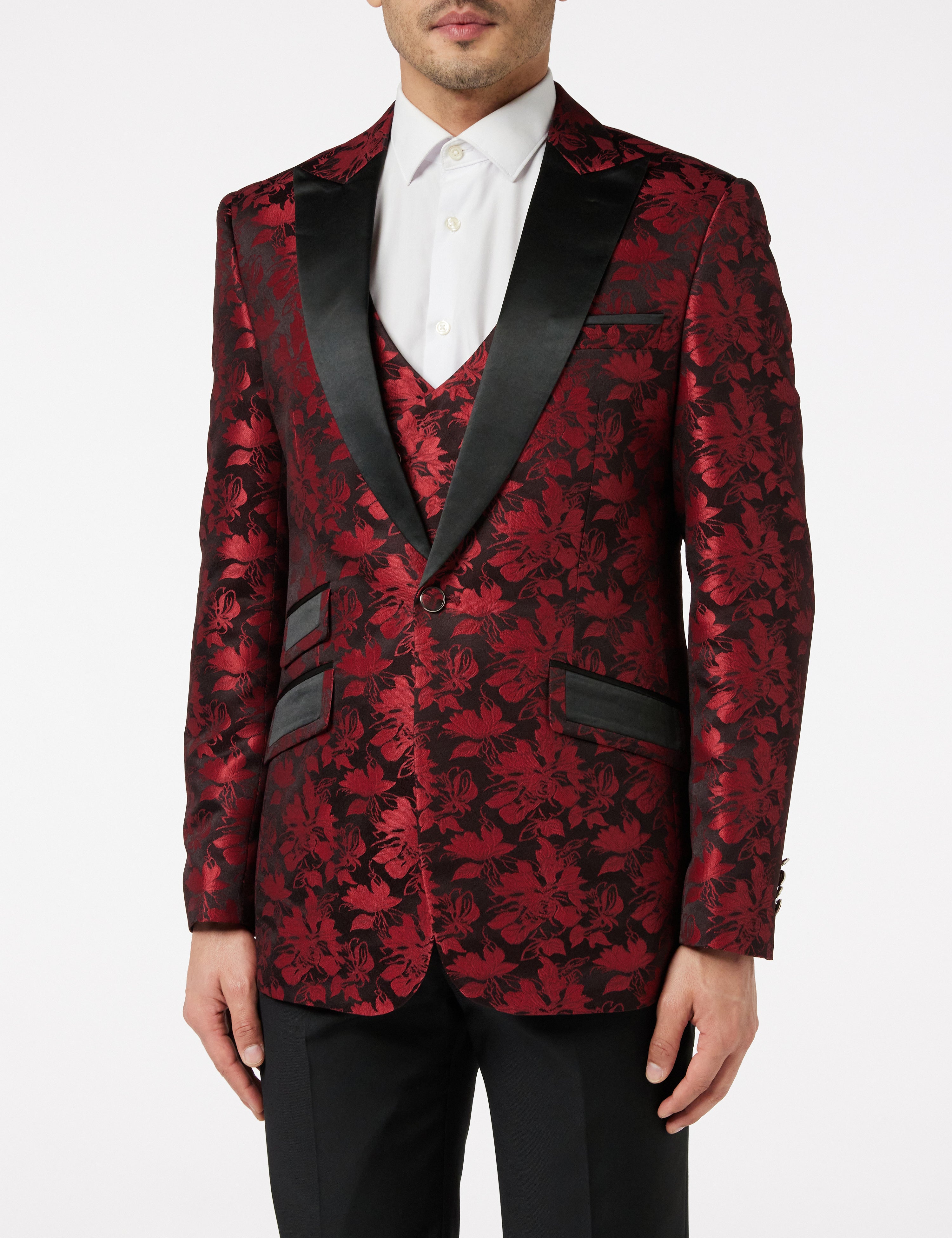 Mens Grooms 3 Piece Wedding Suit Vintage Paisley Classic Tailored Tuxedo Jacket Red