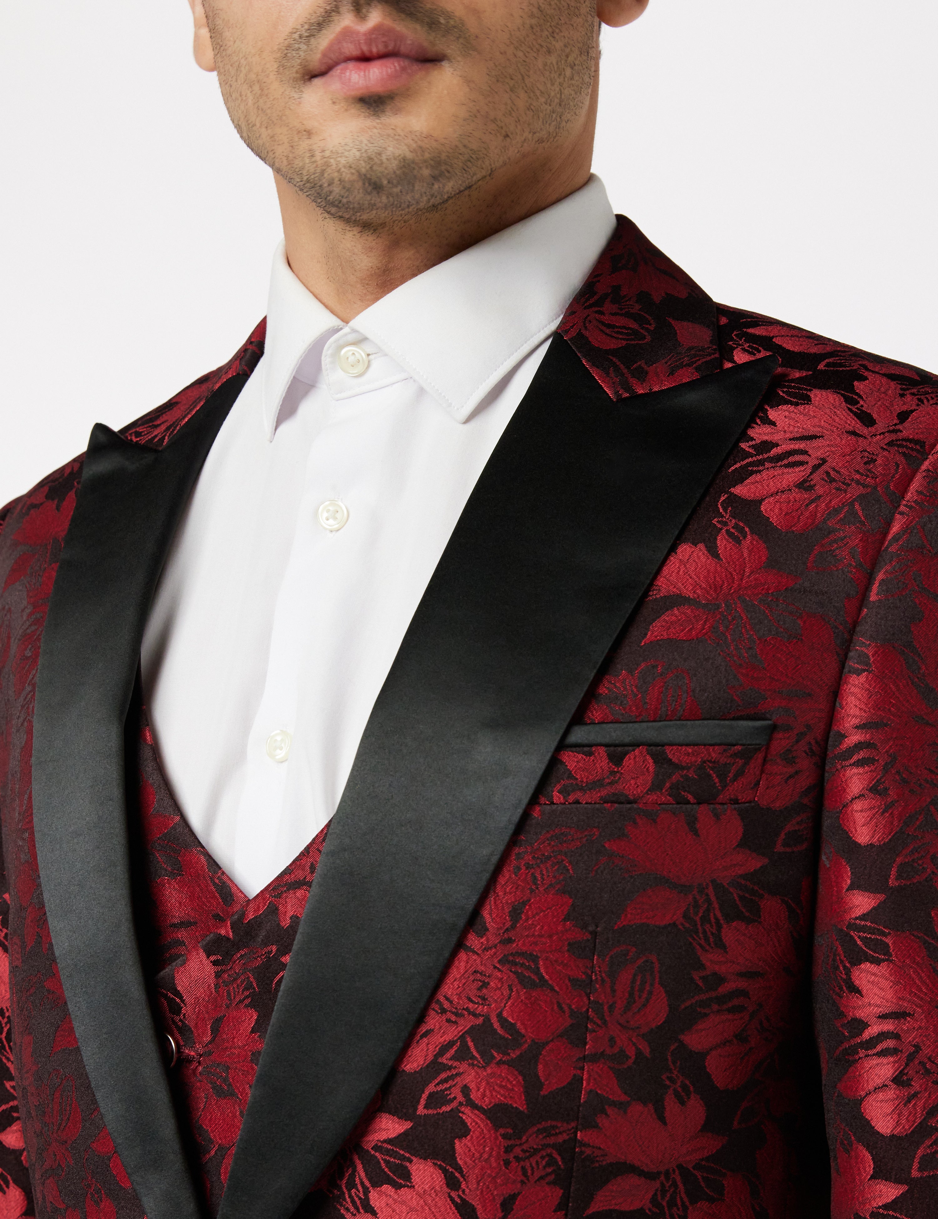 Mens Grooms 3 Piece Wedding Suit Vintage Paisley Classic Tailored Tuxedo Jacket Red