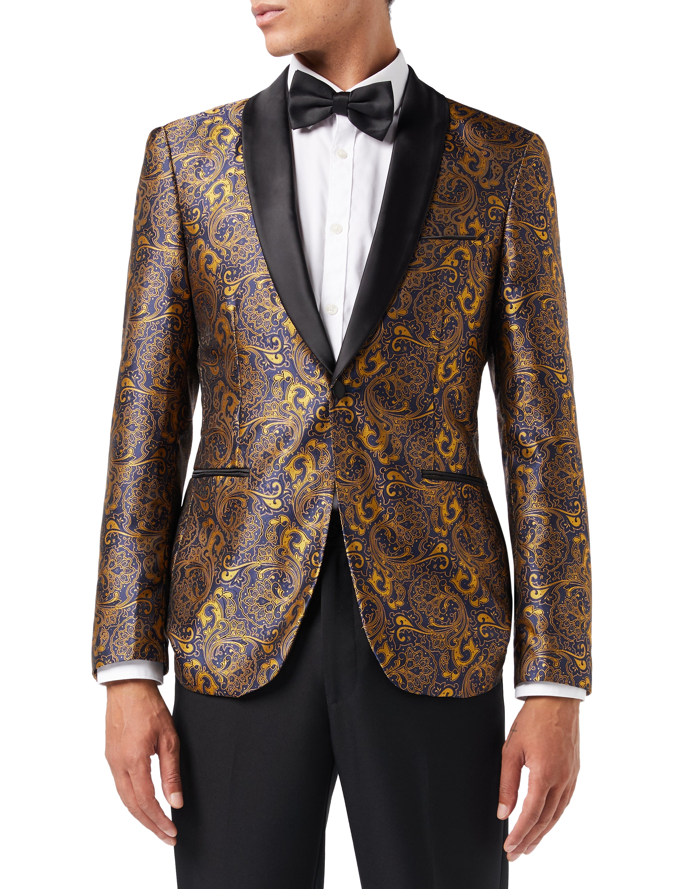 Gold Paisley Print on Navy Tuxedo Jacket