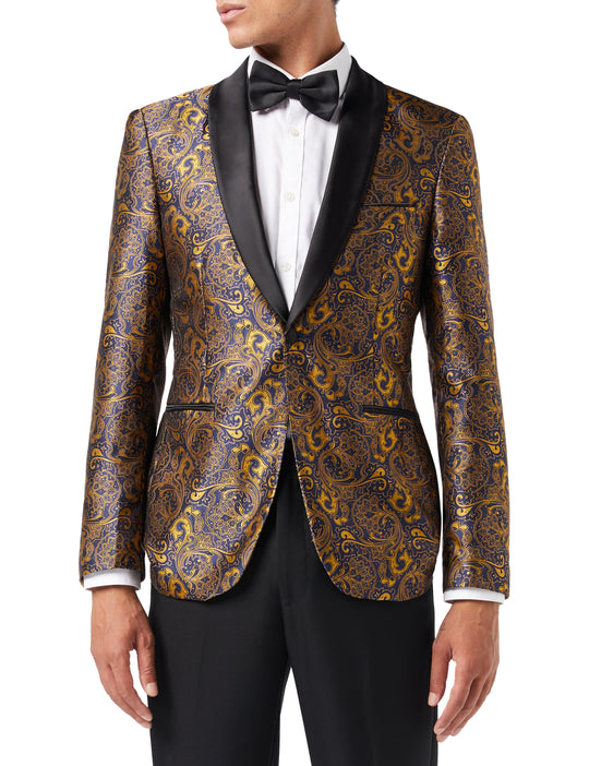 Gold Paisley Print on Navy Tuxedo Jacket – XPOSED