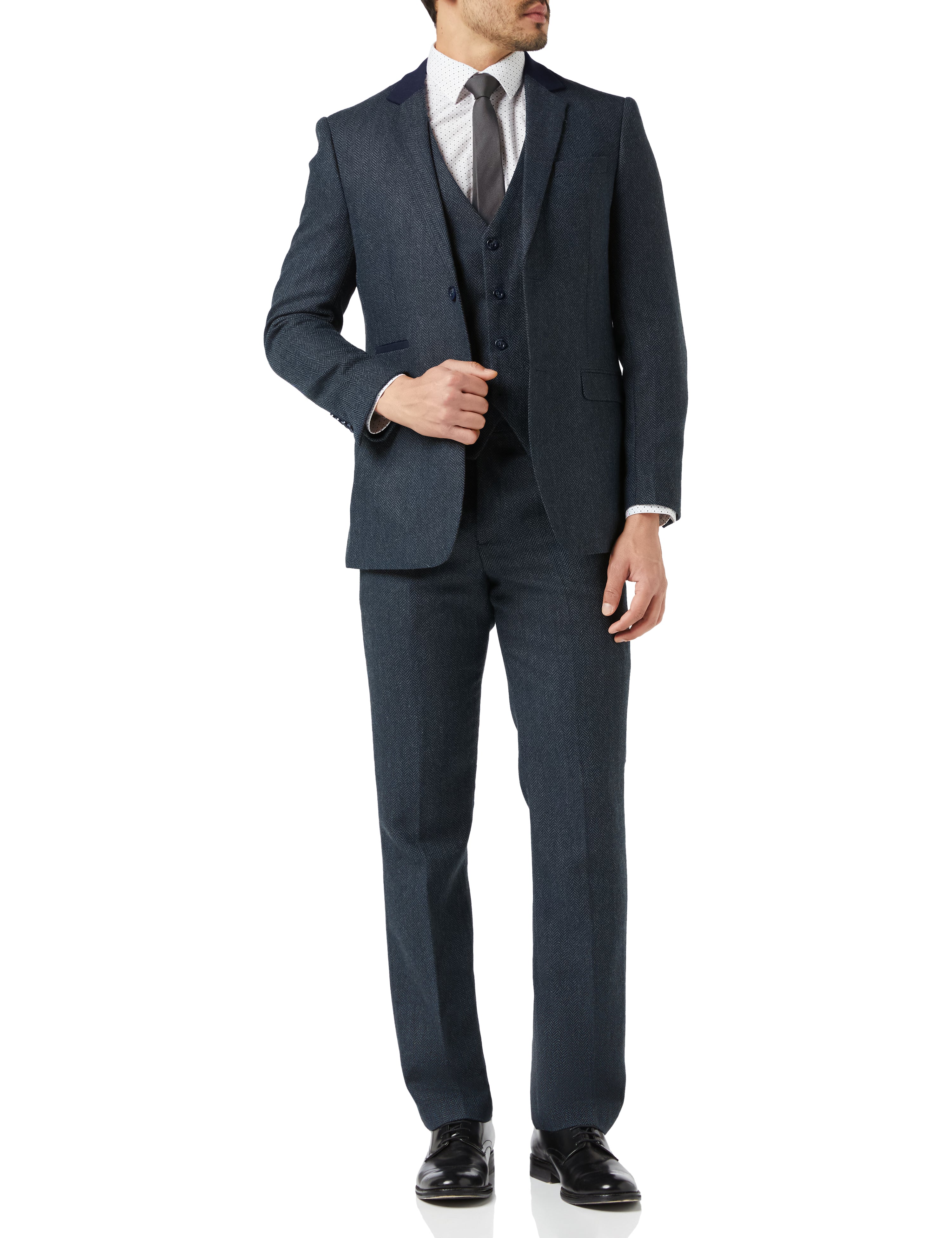 Mens 3 Piece Herringbone Tweed Suit Navy Blinders Blazer Waistcoat Trouser