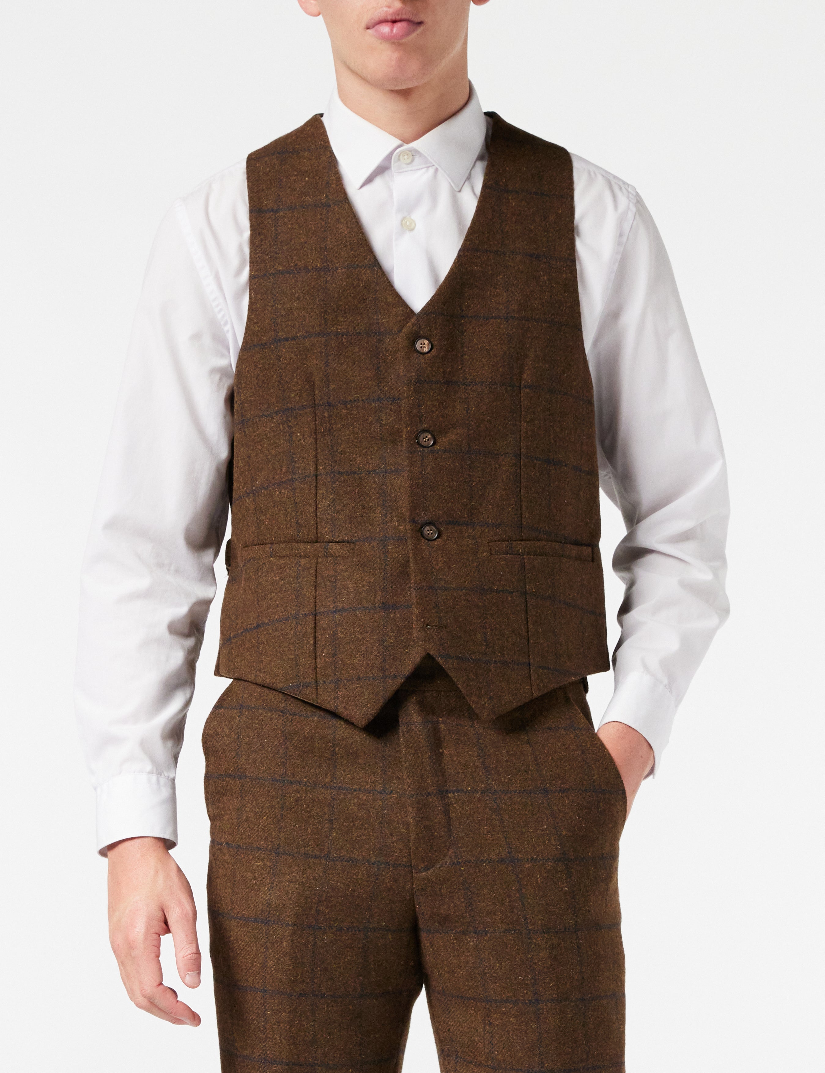 Mens Classic Tweed 3 Piece Suit Tan Brown Herringbone Check Retro Peaky Blinders